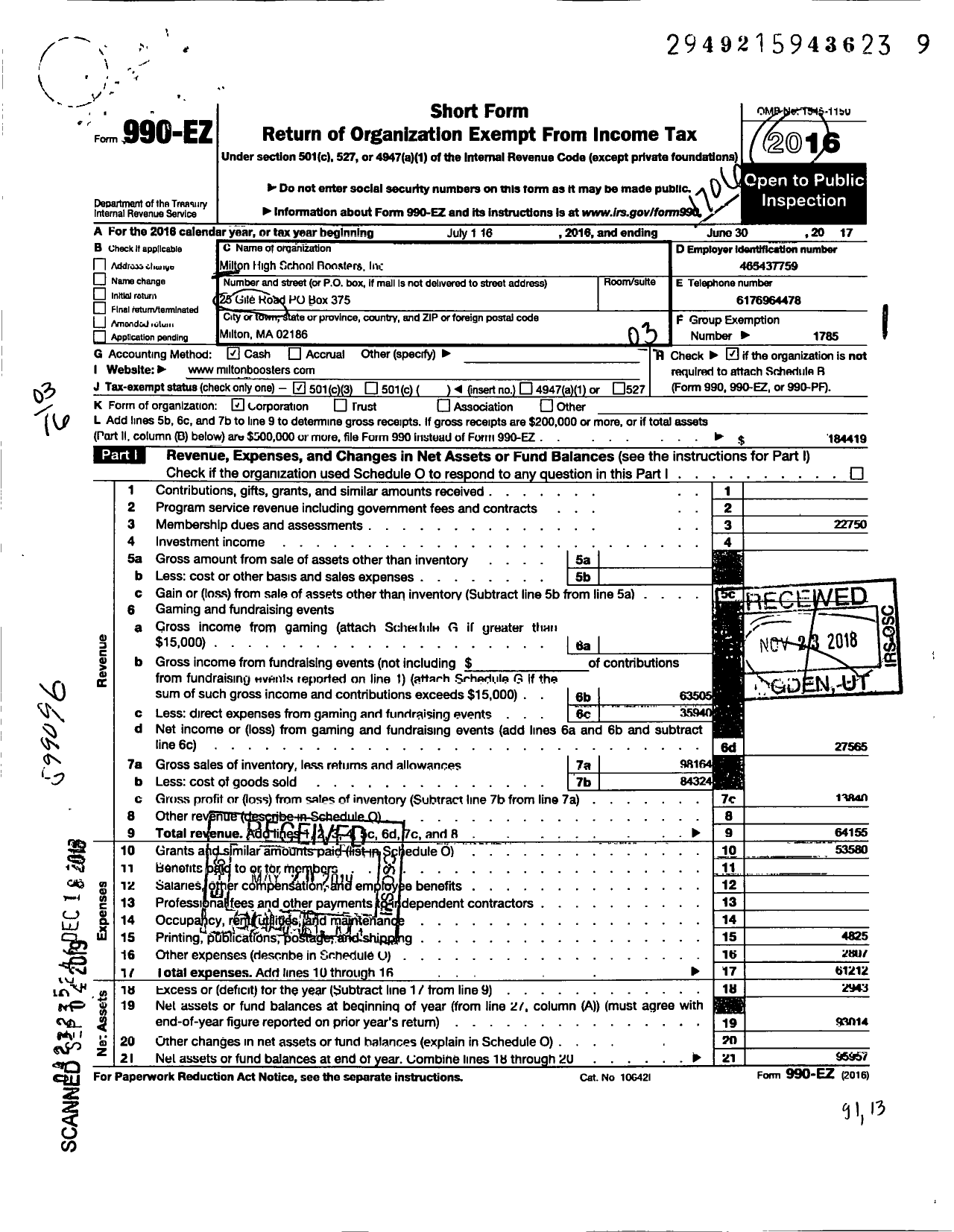 Image of first page of 2016 Form 990EZ for Milton High School Boosters