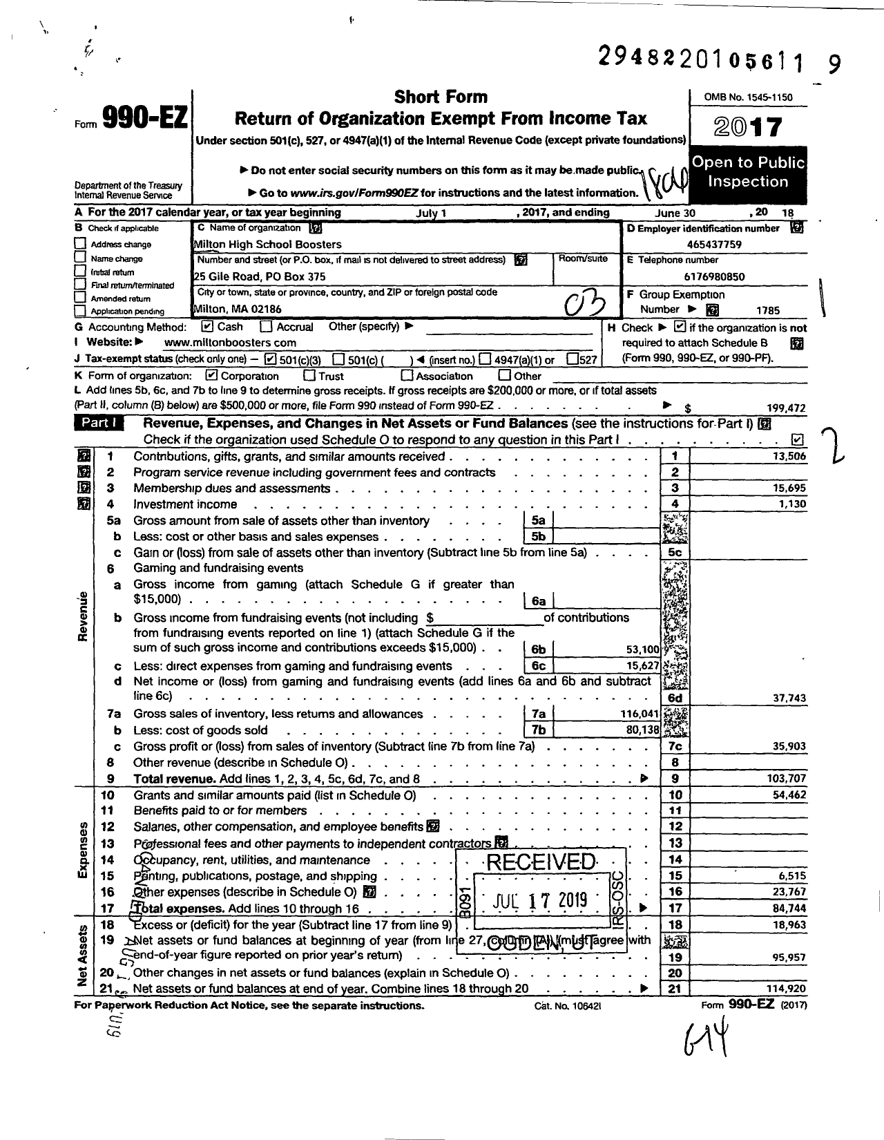 Image of first page of 2017 Form 990EZ for Milton High School Boosters