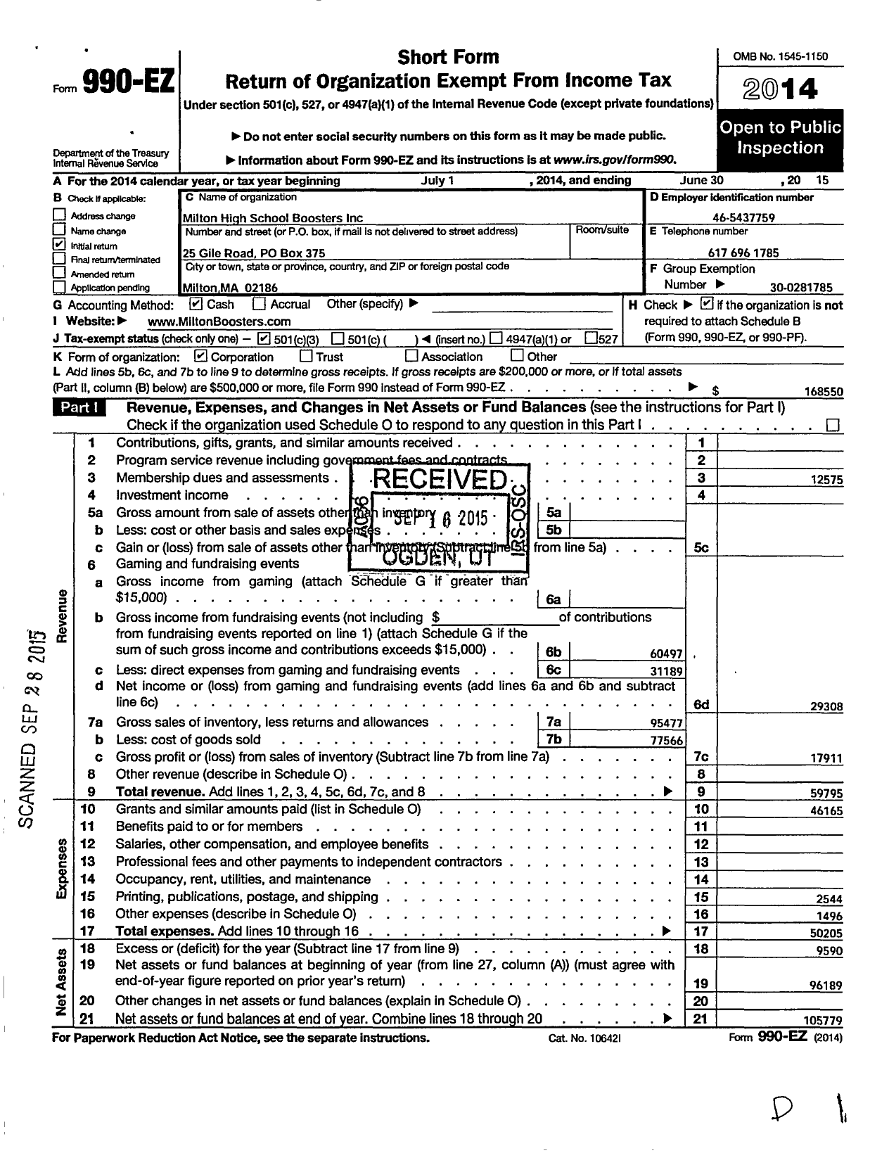 Image of first page of 2014 Form 990EZ for Milton High School Boosters