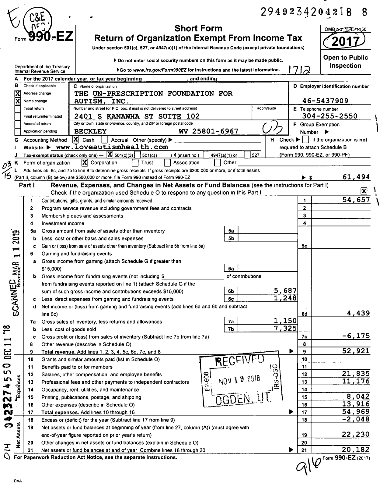 Image of first page of 2017 Form 990EZ for The Un-Prescription Foundation for Autism