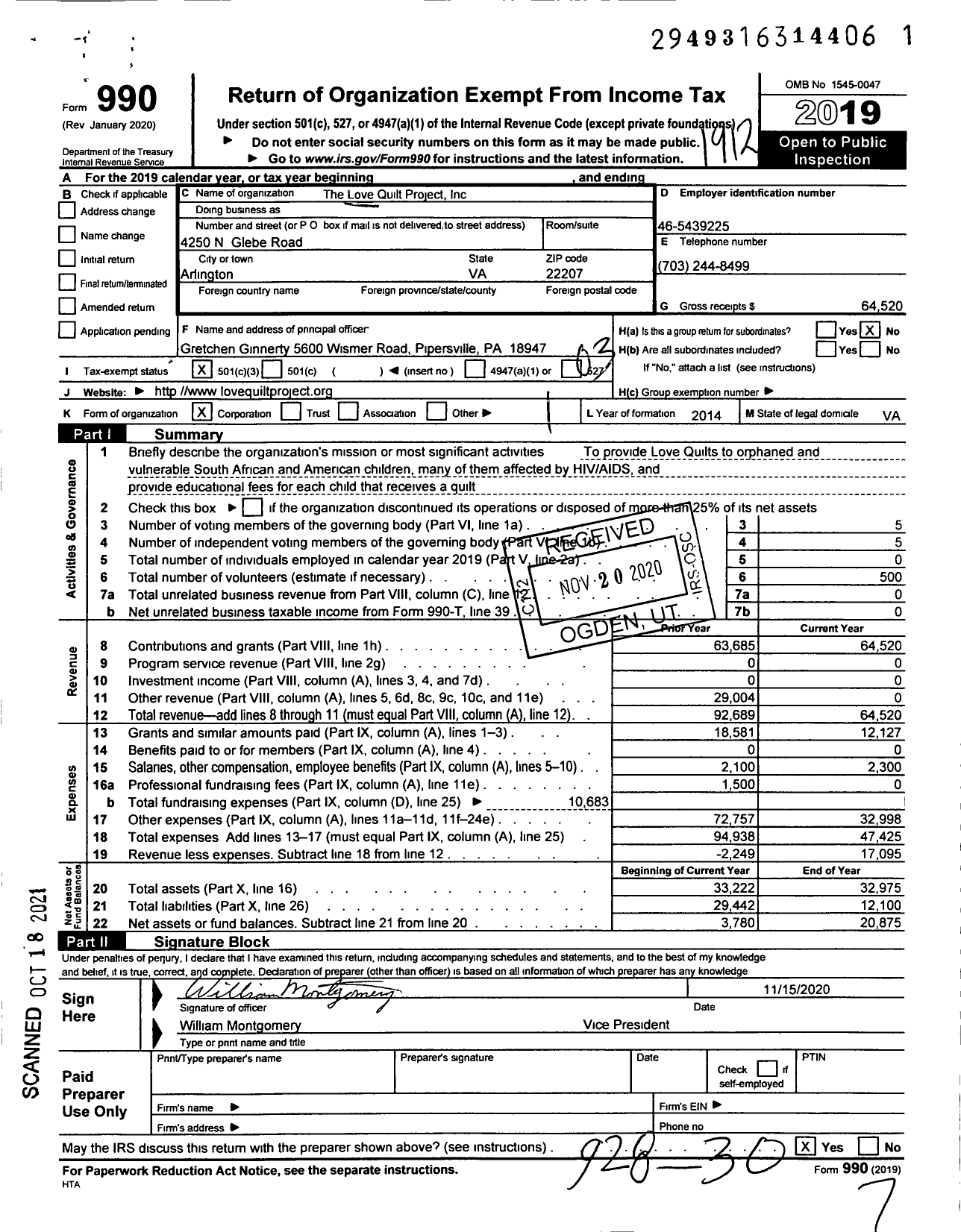 Image of first page of 2019 Form 990 for The Love Quilt Project