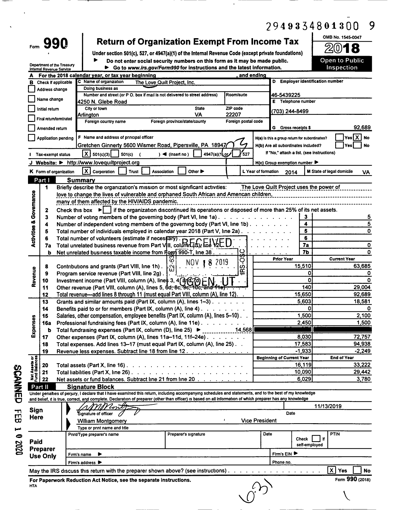 Image of first page of 2018 Form 990 for The Love Quilt Project