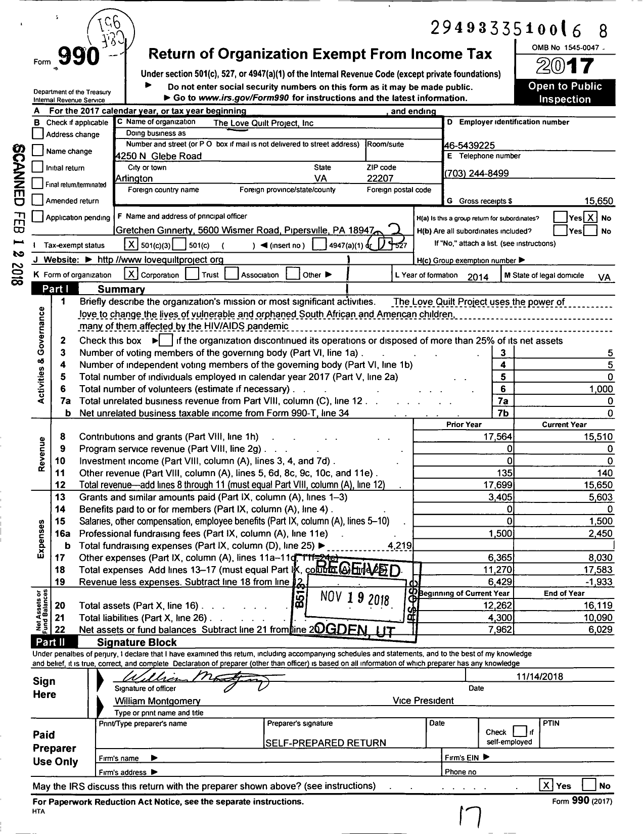 Image of first page of 2017 Form 990 for The Love Quilt Project