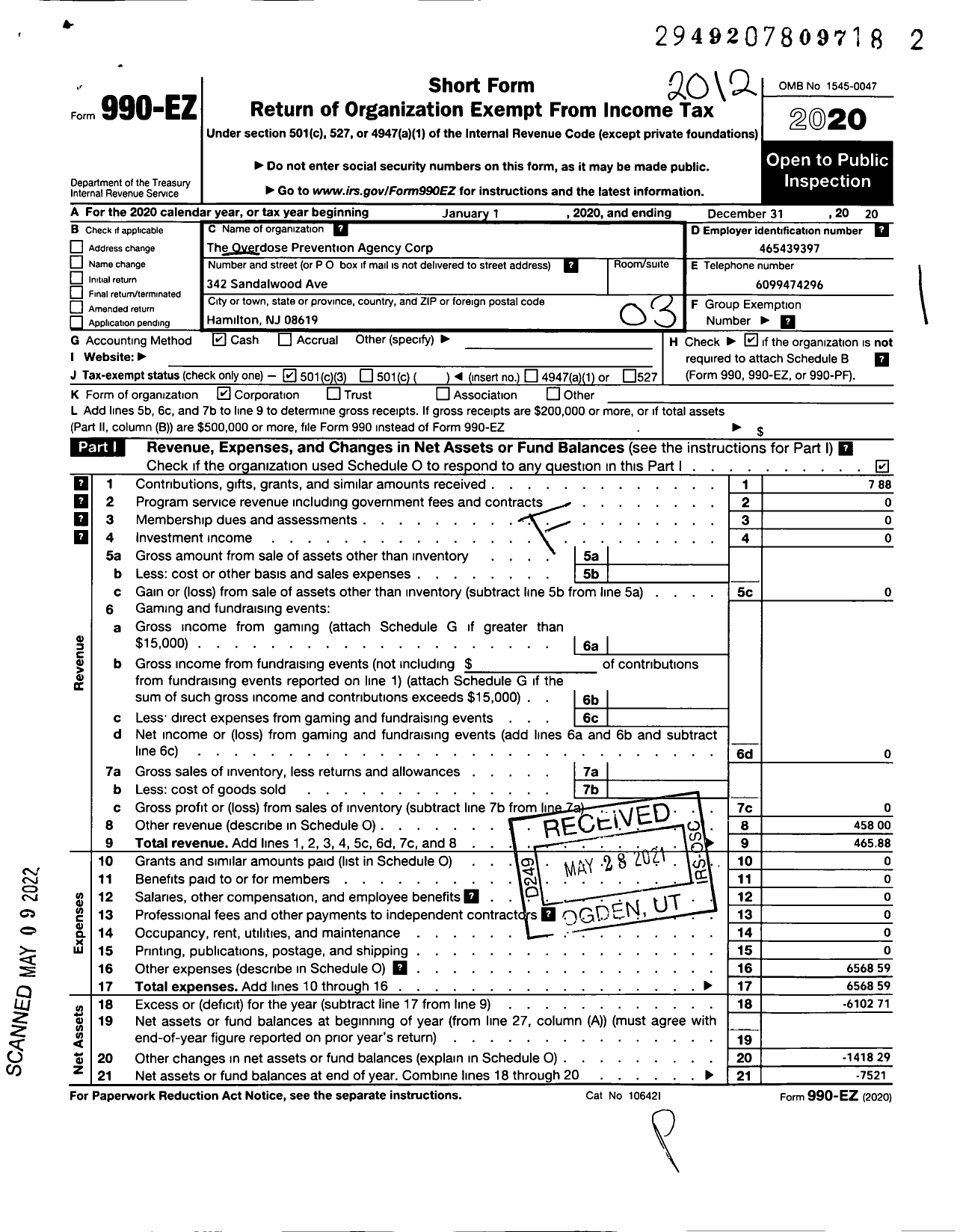 Image of first page of 2020 Form 990EZ for The Overdose Prevention Agency Corp