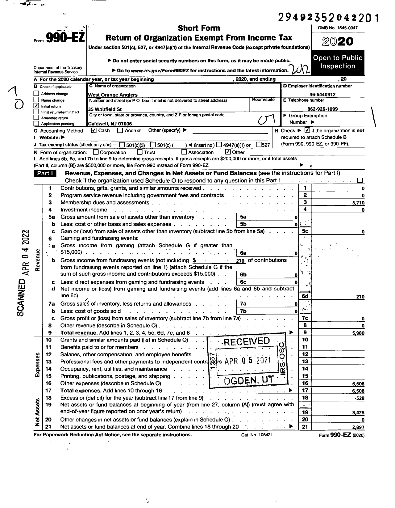 Image of first page of 2020 Form 990EO for West Orange Anglers