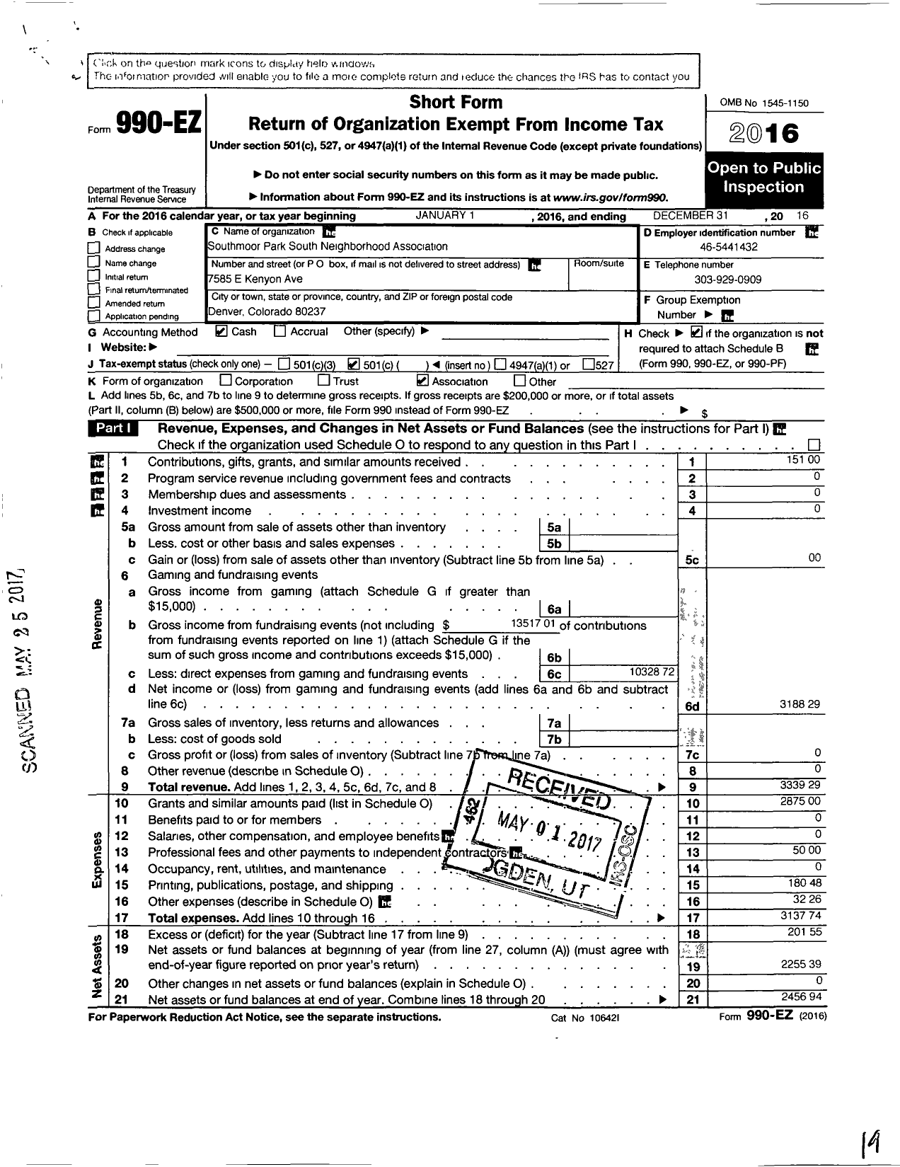 Image of first page of 2016 Form 990EO for Southmoor Park South Neighborhood Association