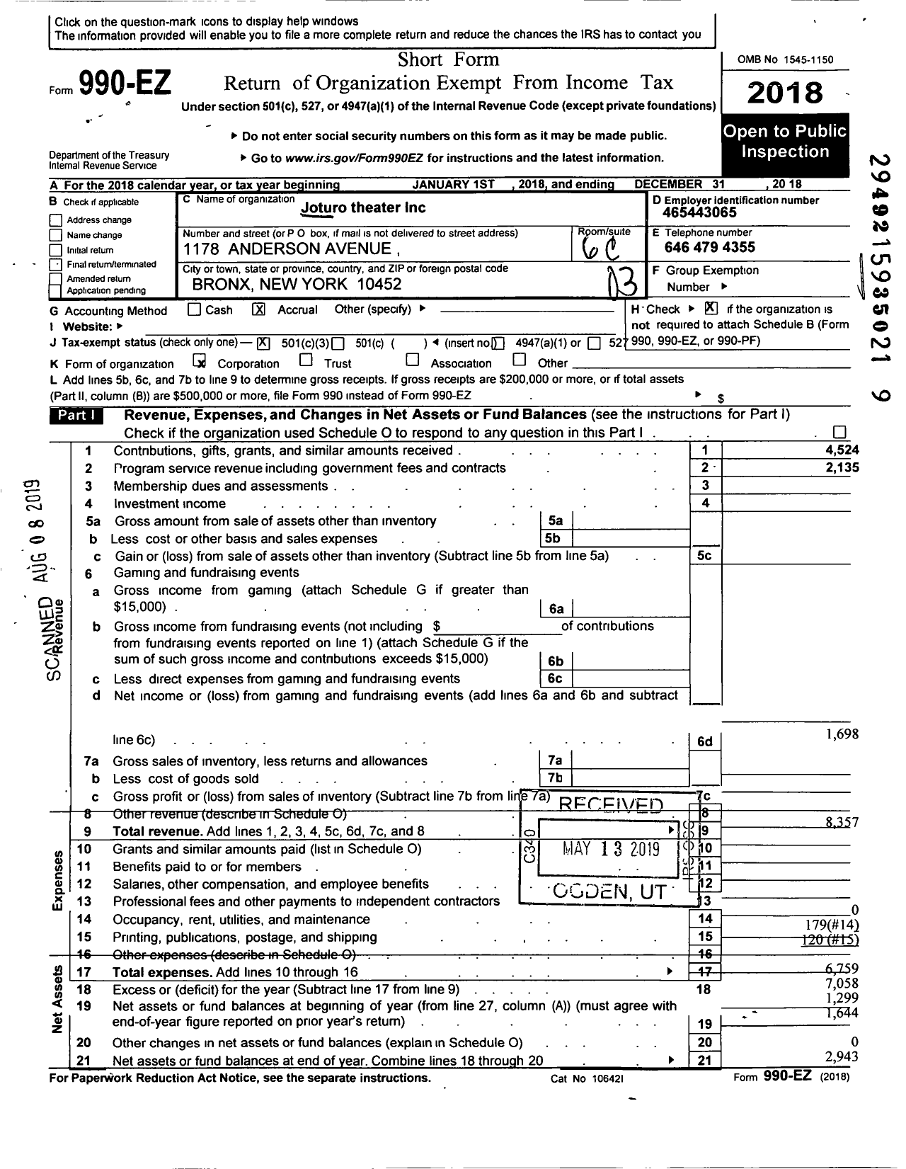 Image of first page of 2018 Form 990EZ for Joturo Theater