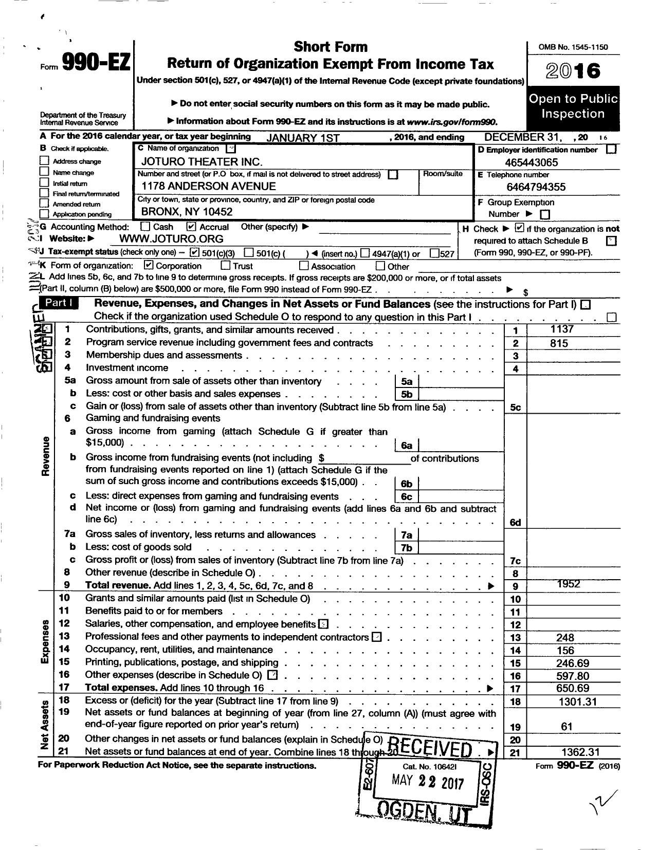 Image of first page of 2016 Form 990EZ for Joturo Theater