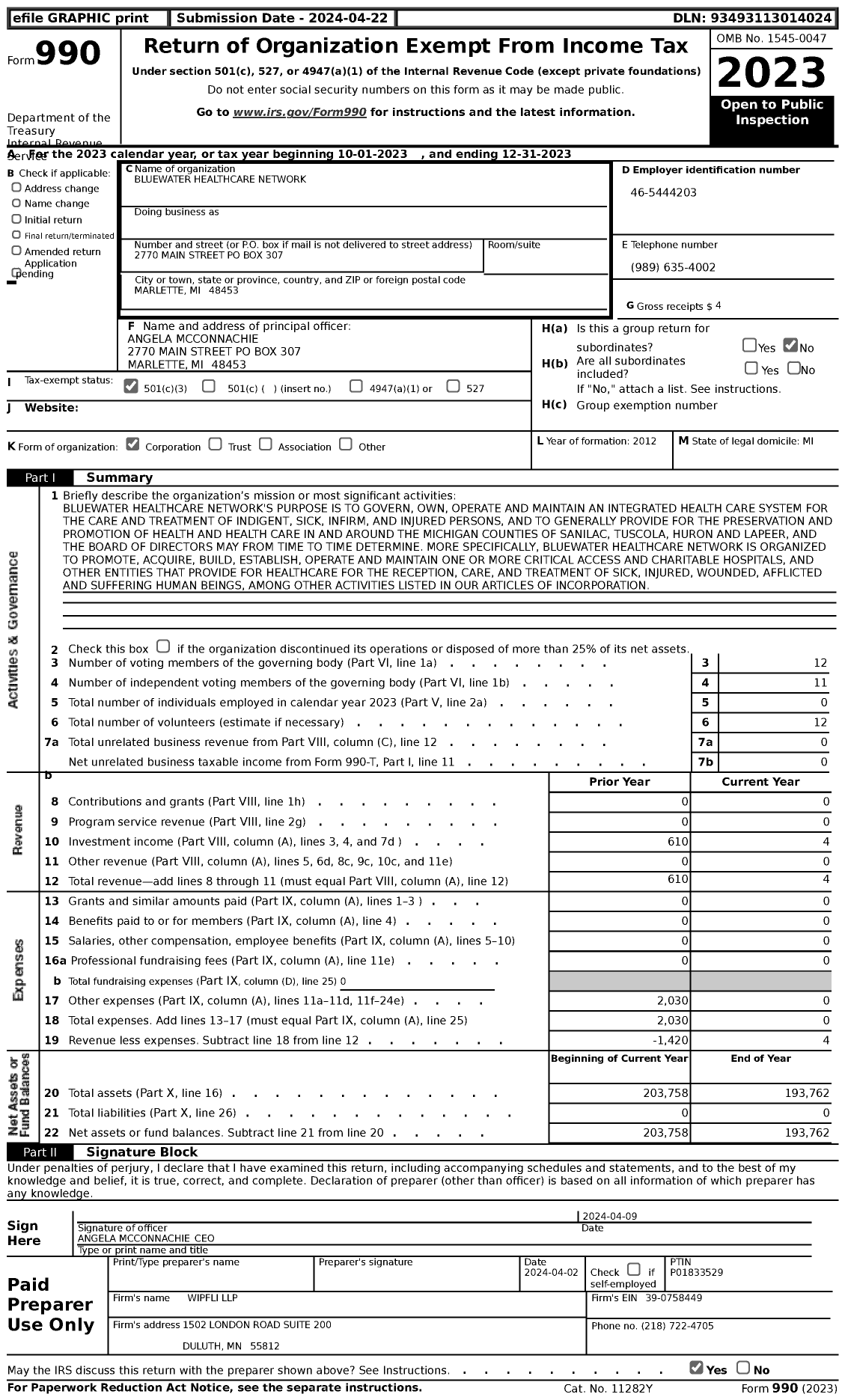 Image of first page of 2023 Form 990 for Bluewater Healthcare Network