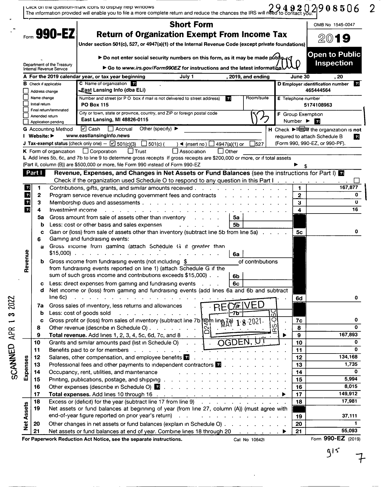 Image of first page of 2019 Form 990EZ for East Lansing Info