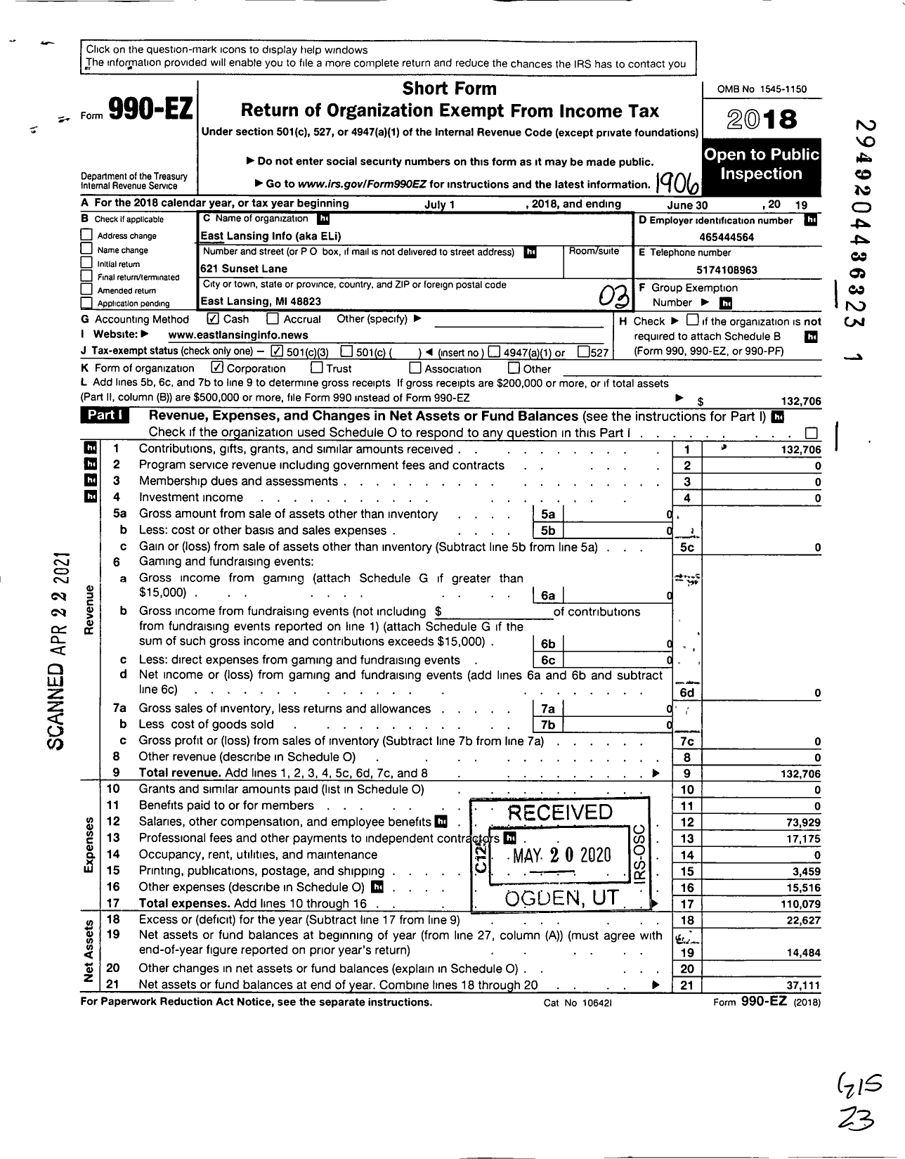 Image of first page of 2018 Form 990EZ for East Lansing Info