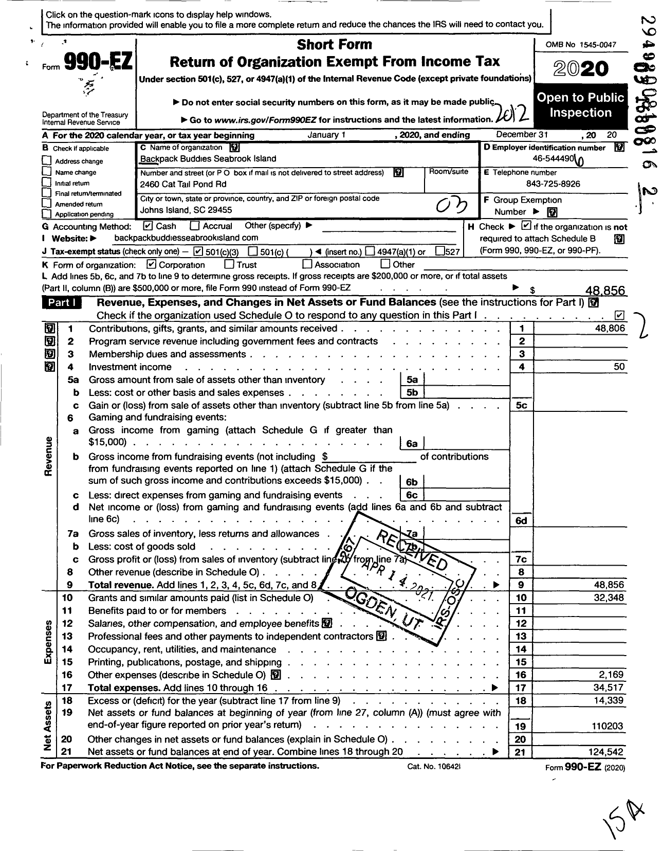 Image of first page of 2020 Form 990EZ for Backpack Buddies Seabrook Island