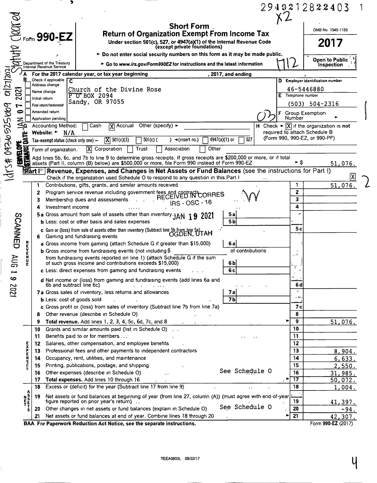 Image of first page of 2017 Form 990EZ for Church of the Divine Rose