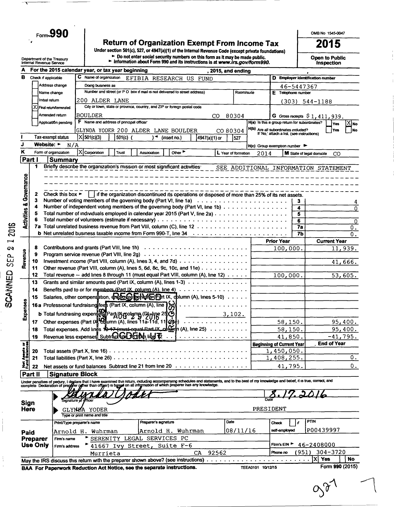 Image of first page of 2015 Form 990 for Efibia Research Us Fund