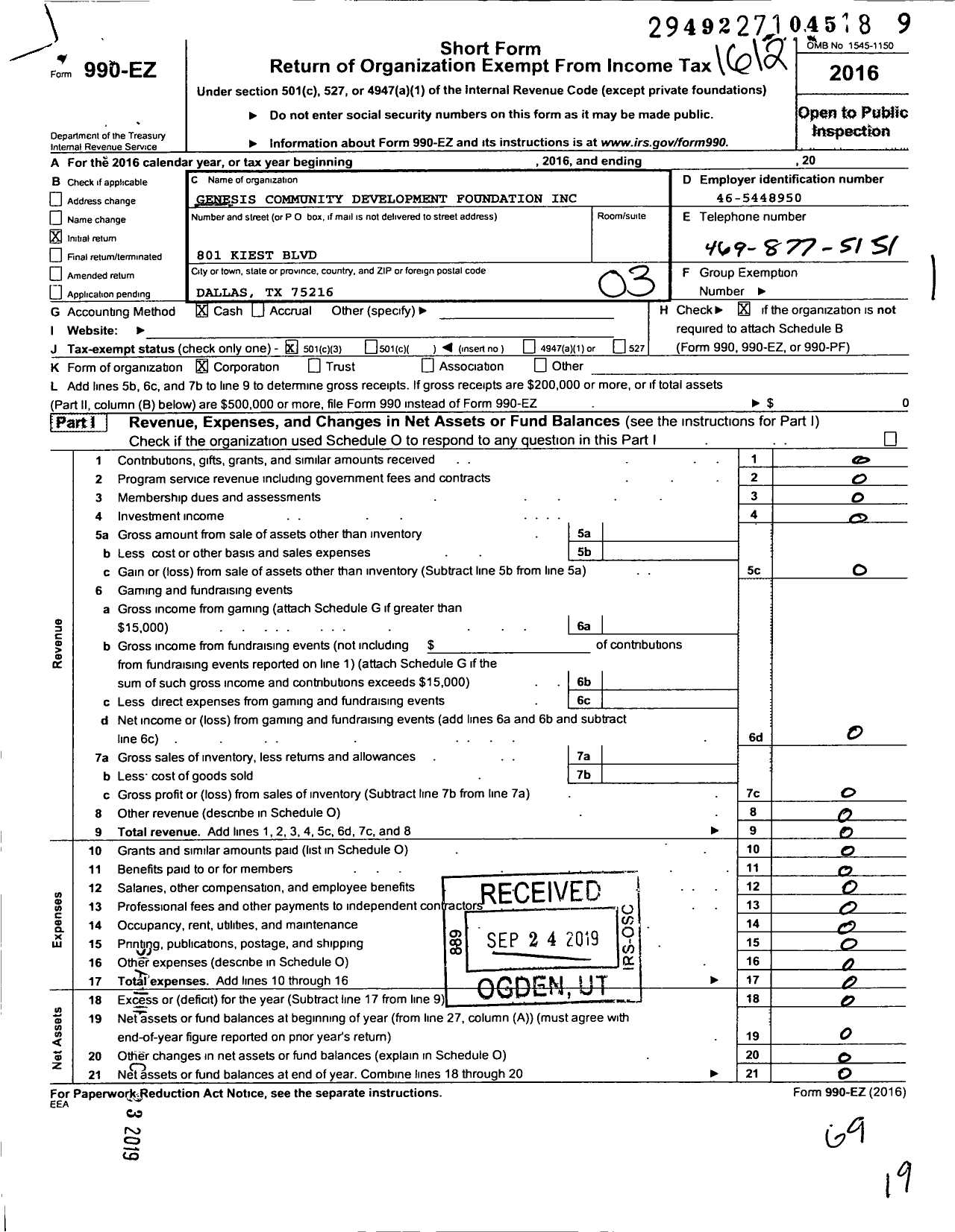 Image of first page of 2016 Form 990EZ for Genesis Community Development Foundation