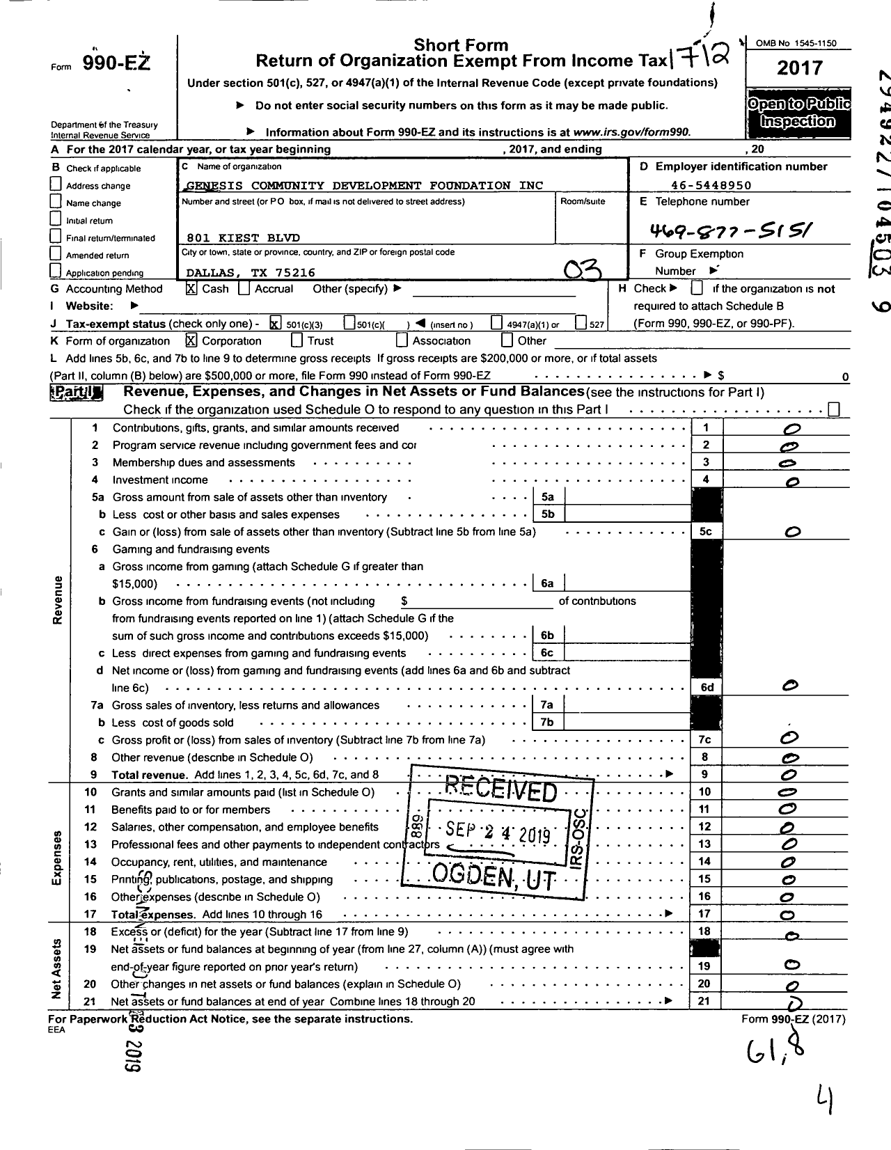 Image of first page of 2017 Form 990EZ for Genesis Community Development Foundation