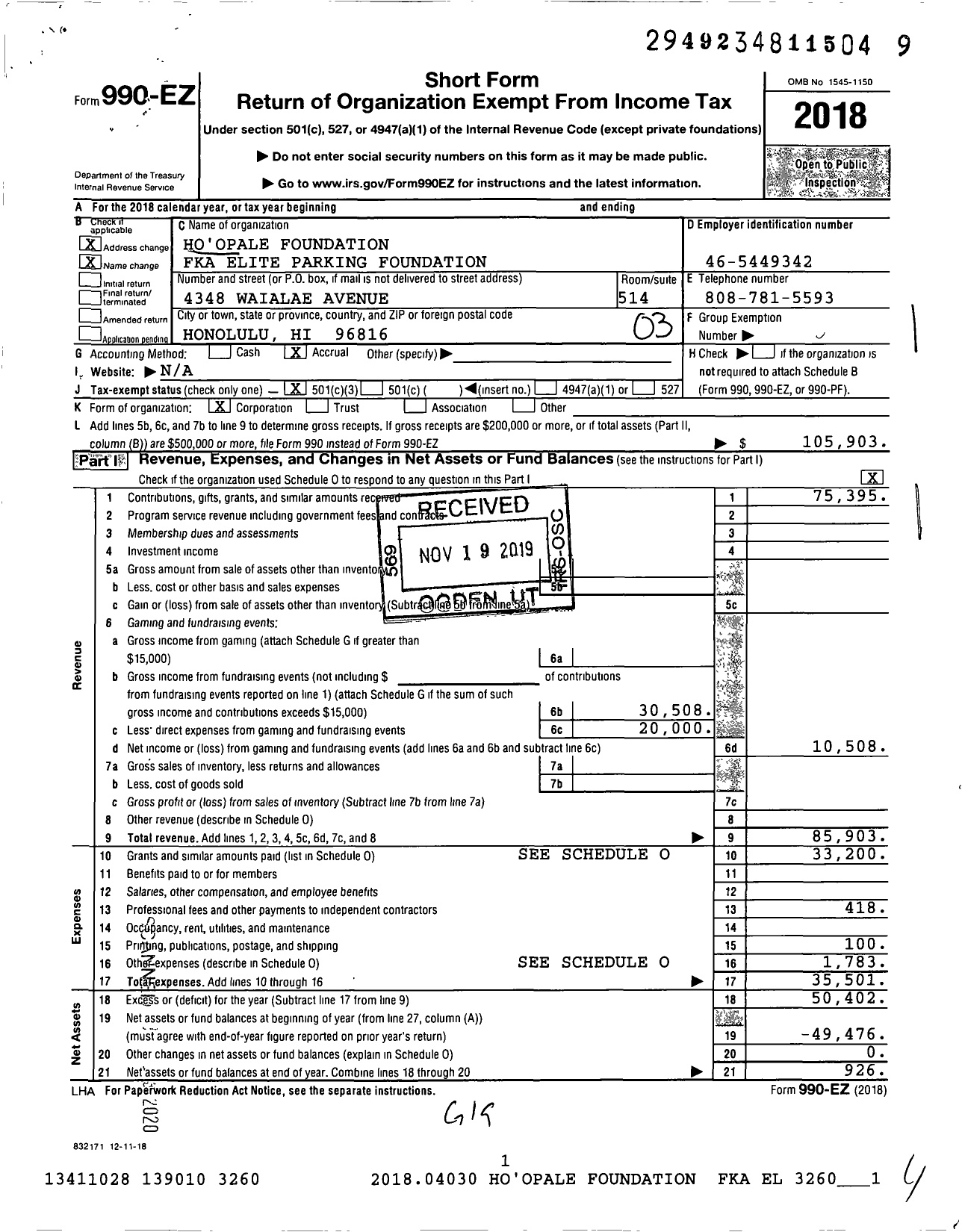 Image of first page of 2018 Form 990EZ for Ho Opale Foundation