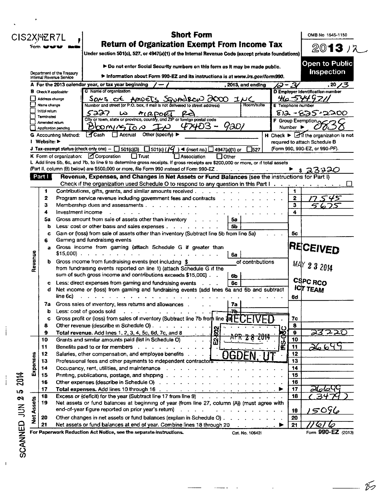 Image of first page of 2013 Form 990EO for Sons of Amvets Squadron 2000
