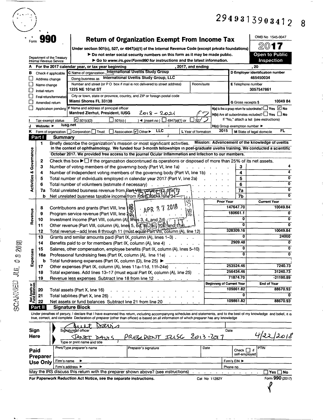 Image of first page of 2017 Form 990 for International Uveitis Study Group