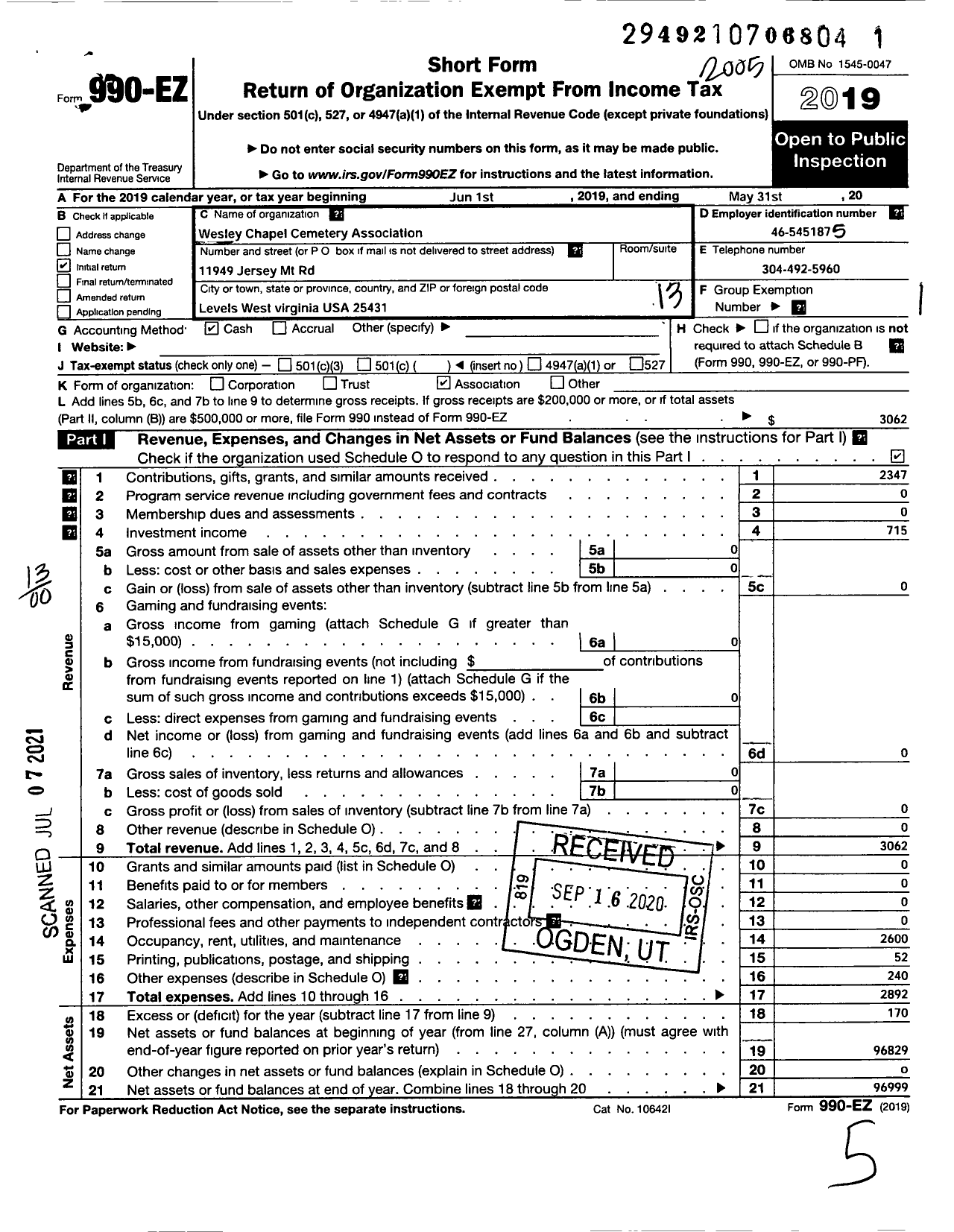 Image of first page of 2019 Form 990EO for Wesley Chapel Cemetery