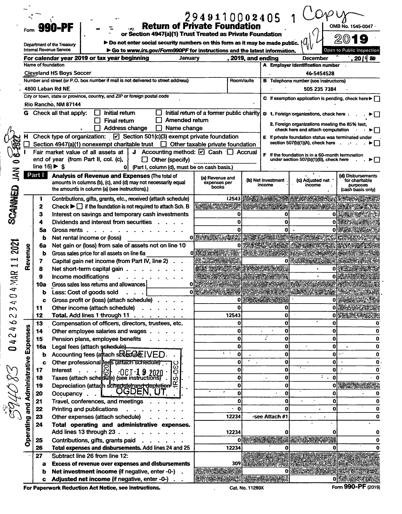 Image of first page of 2019 Form 990PF for Cleveland HS Boys Soccer