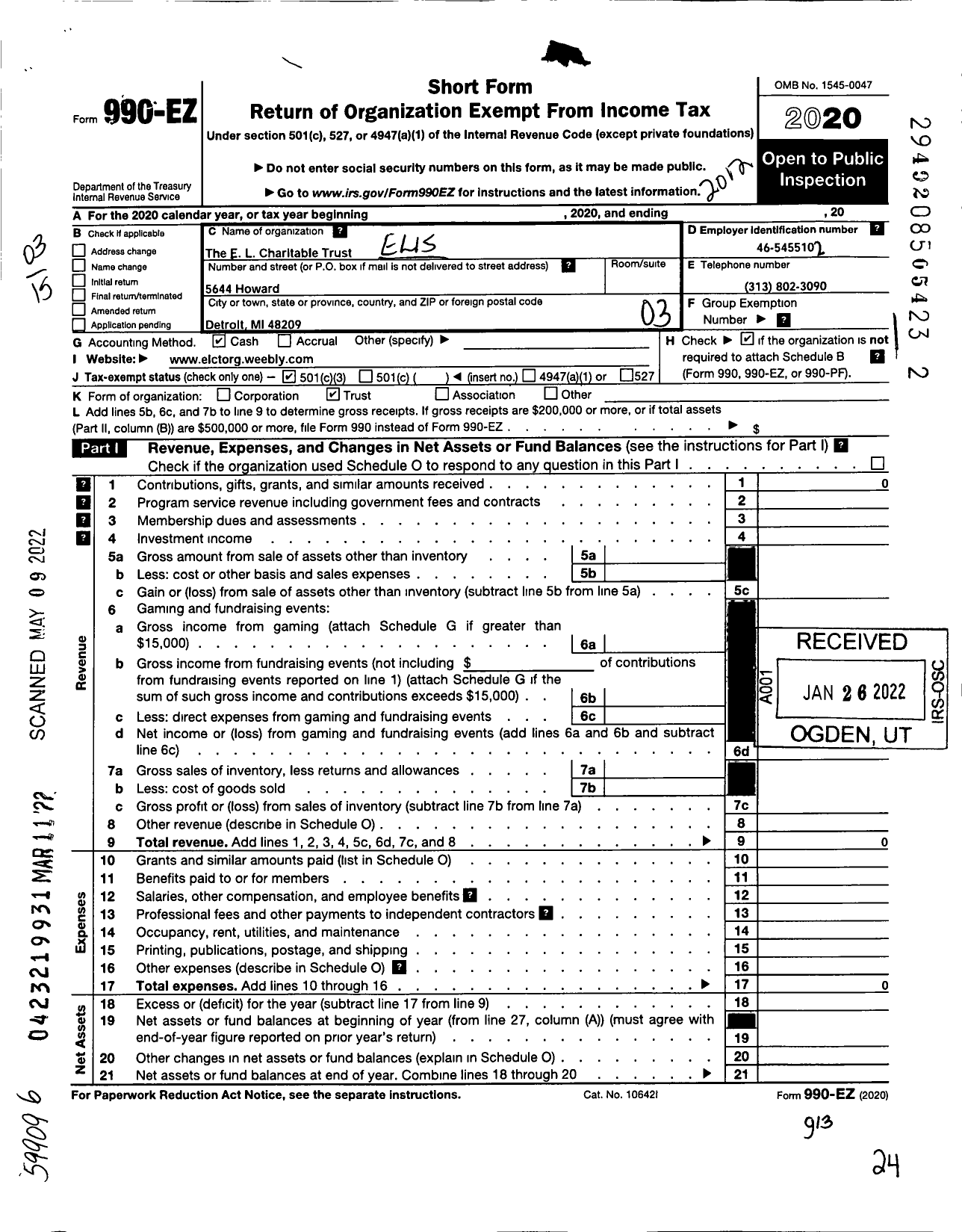 Image of first page of 2020 Form 990EZ for Eliseo Luna Charitable Trust