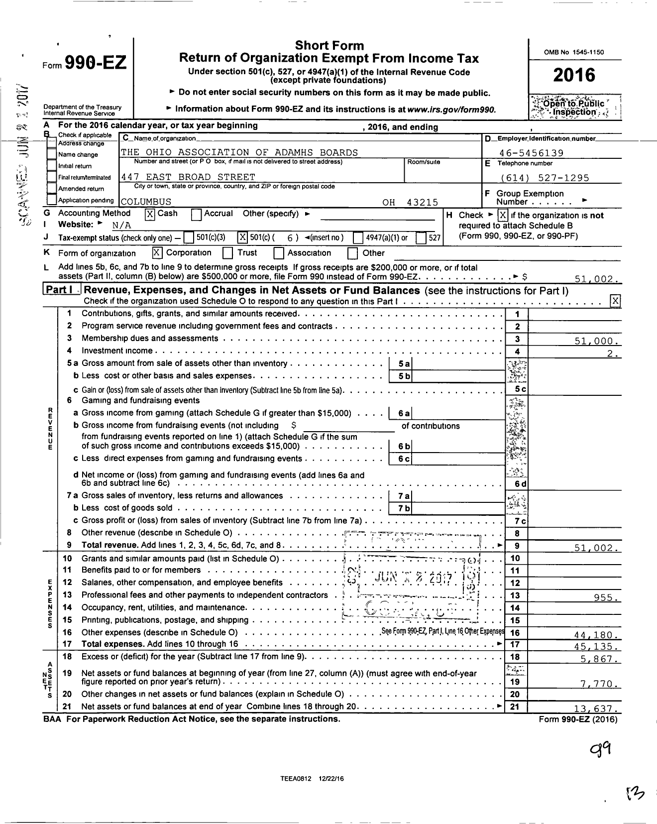 Image of first page of 2016 Form 990EO for Ohio Association of Adamhs Boards