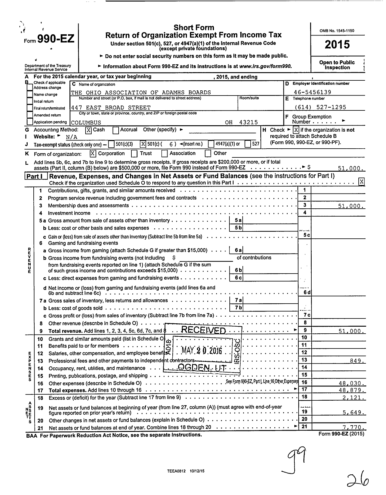 Image of first page of 2015 Form 990EO for Ohio Association of Adamhs Boards