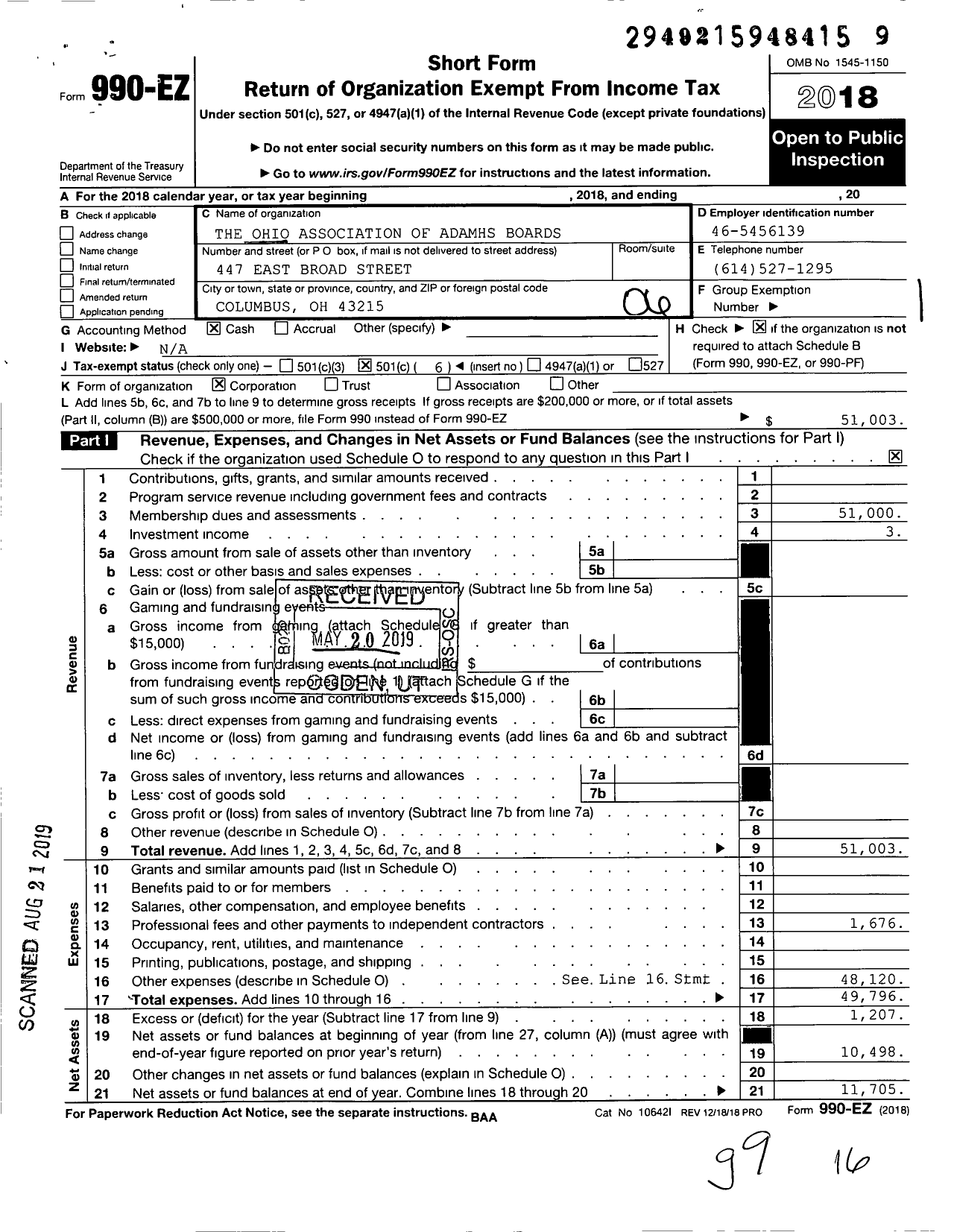 Image of first page of 2018 Form 990EO for Ohio Association of Adamhs Boards