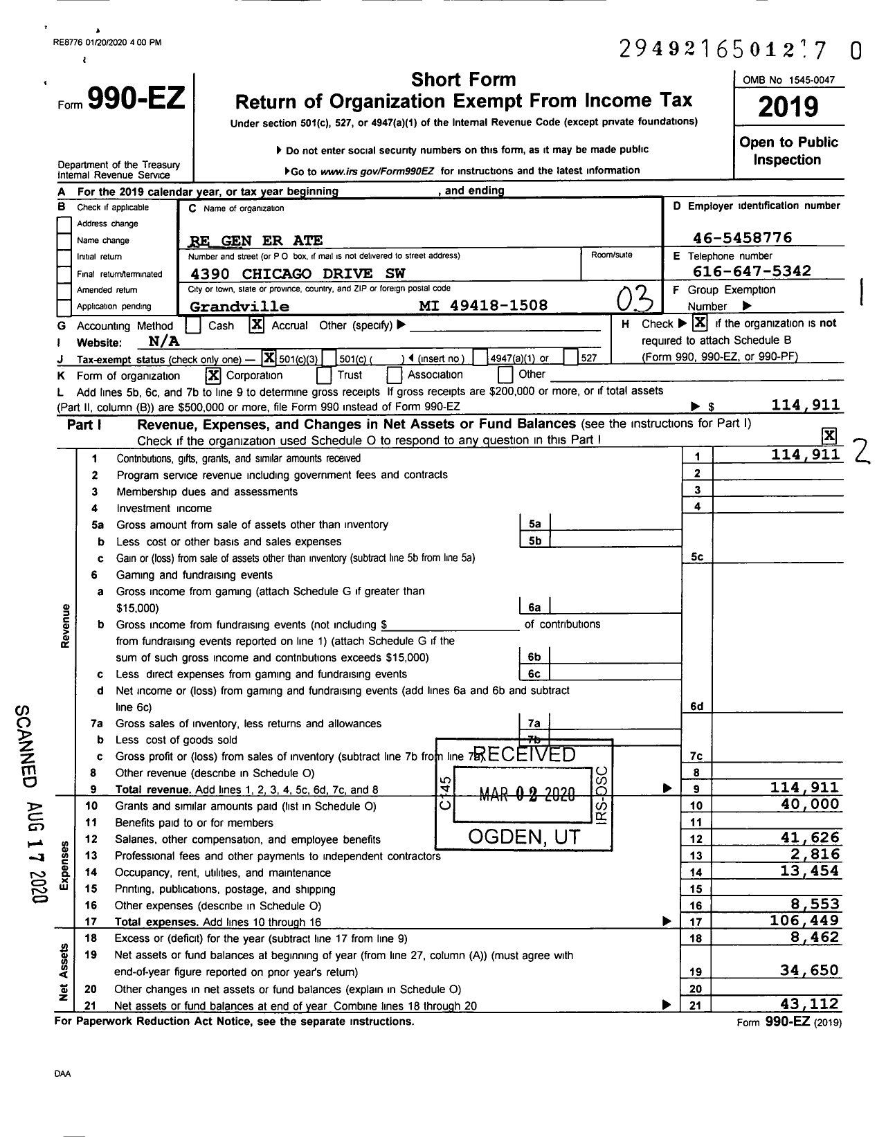 Image of first page of 2019 Form 990EZ for Re Gen Er Ate