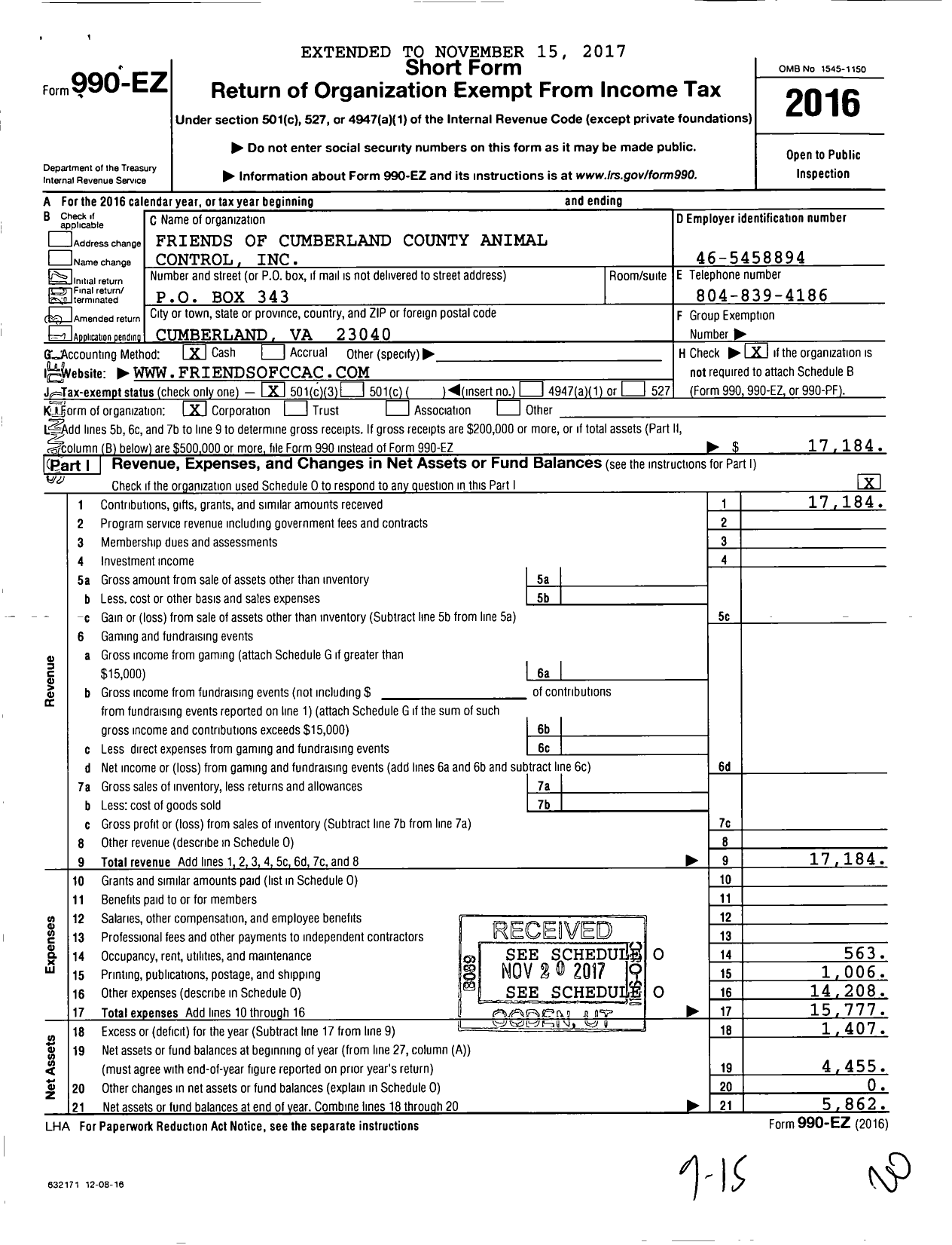 Image of first page of 2016 Form 990EZ for Friends of Cumberland County Animal Control