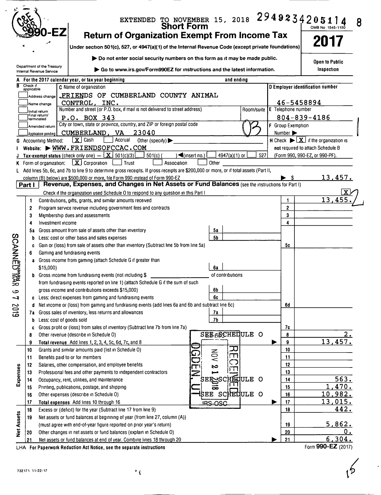 Image of first page of 2017 Form 990EZ for Friends of Cumberland County Animal Control