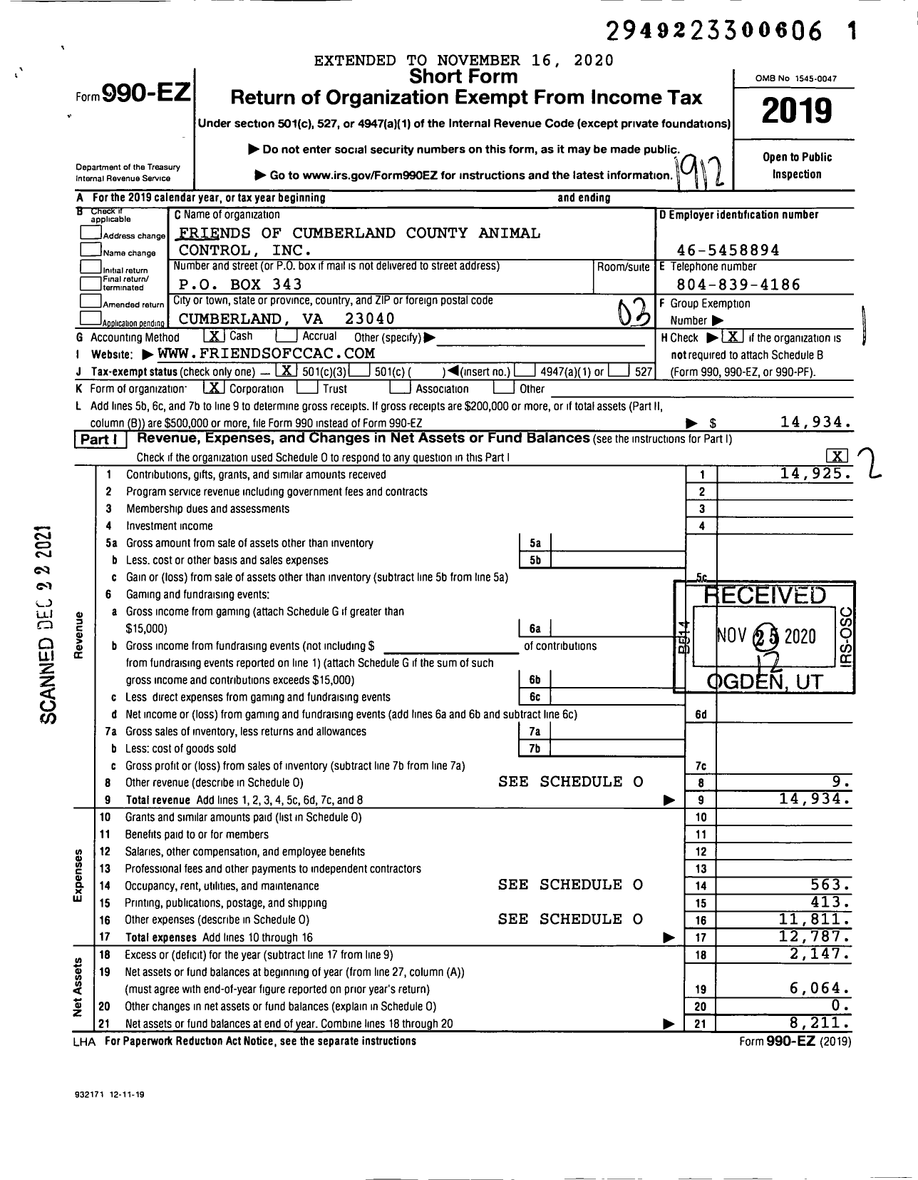 Image of first page of 2019 Form 990EZ for Friends of Cumberland County Animal Control