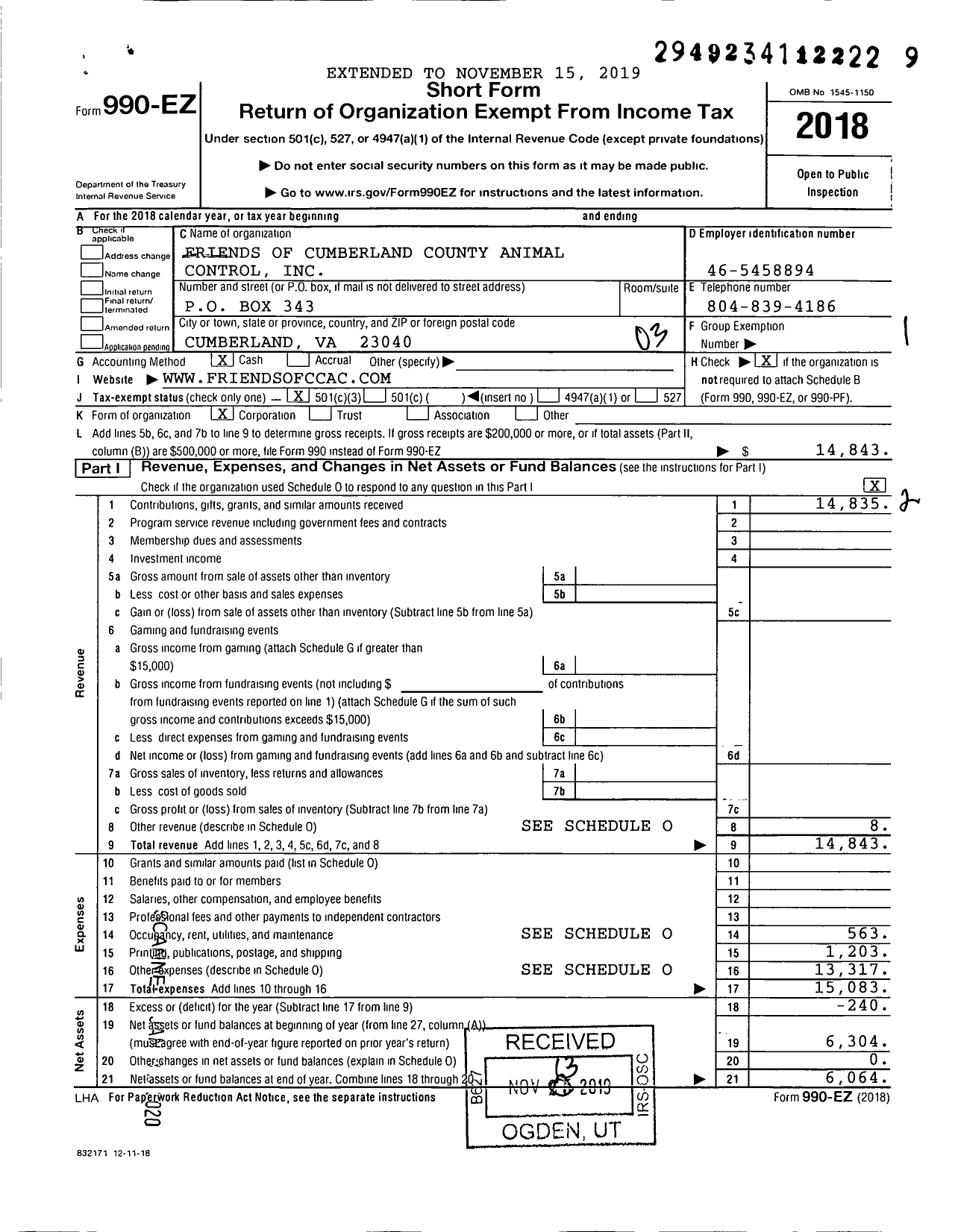 Image of first page of 2018 Form 990EZ for Friends of Cumberland County Animal Control