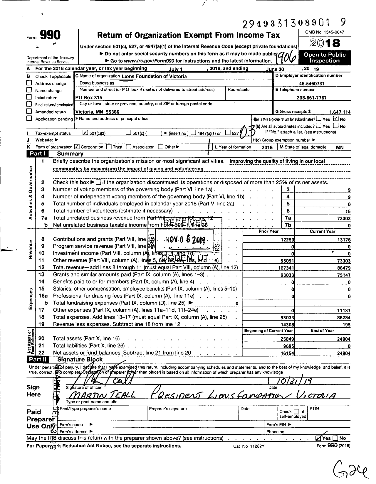 Image of first page of 2018 Form 990 for Lions Foundation of Victoria