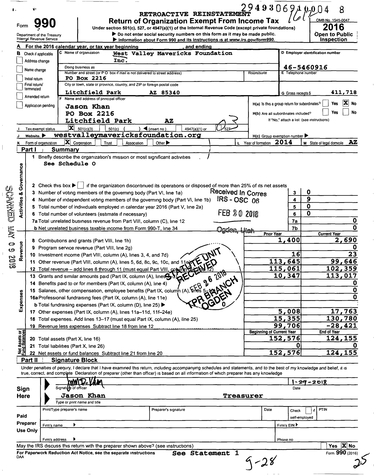 Image of first page of 2016 Form 990 for West Valley Mavericks Foundation