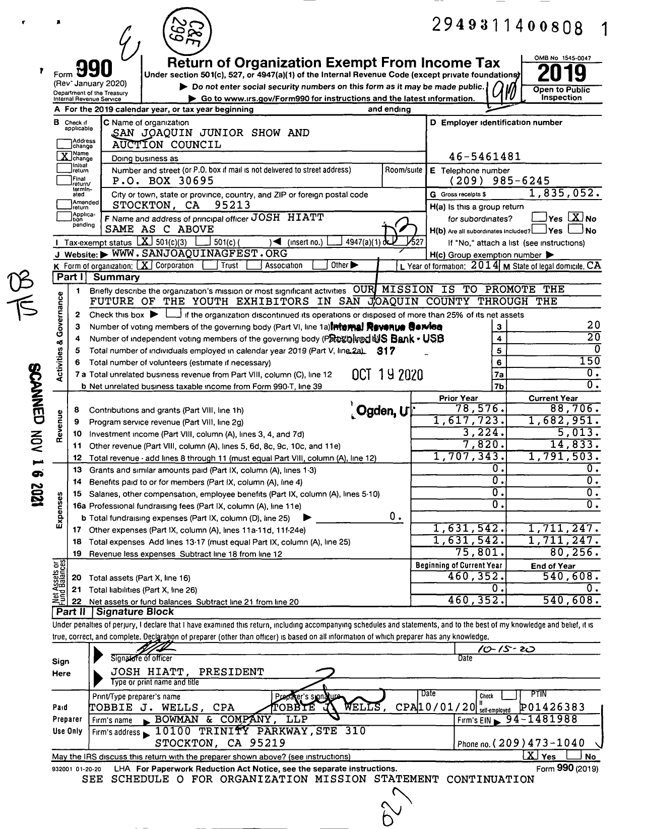 Image of first page of 2019 Form 990 for San Joaquin Junior Show and Auction Council