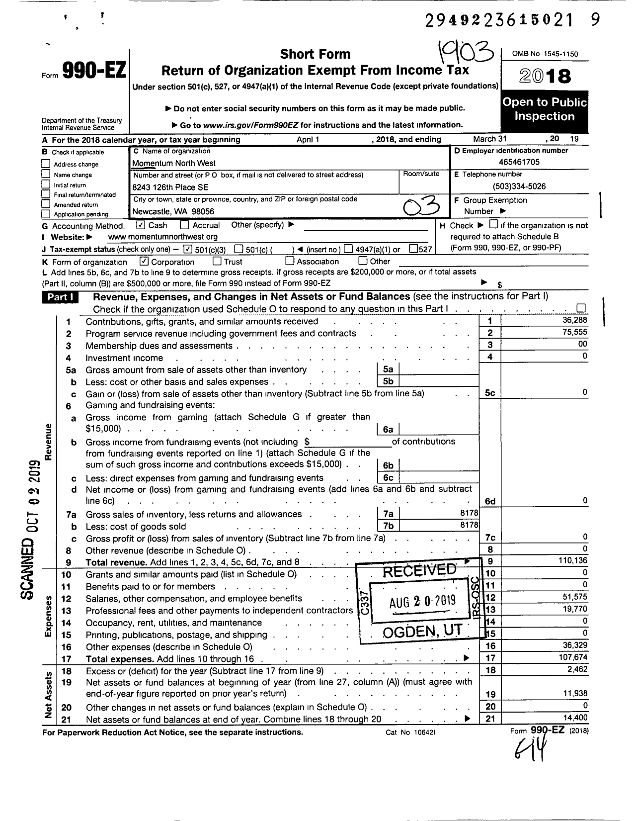 Image of first page of 2018 Form 990EZ for Momentum North West