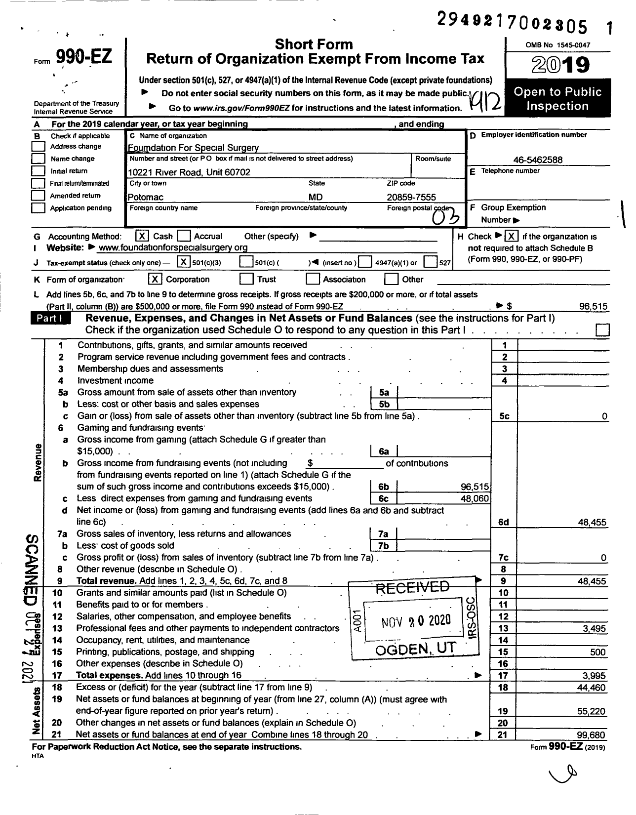 Image of first page of 2019 Form 990EZ for Foundation For Special Surgery