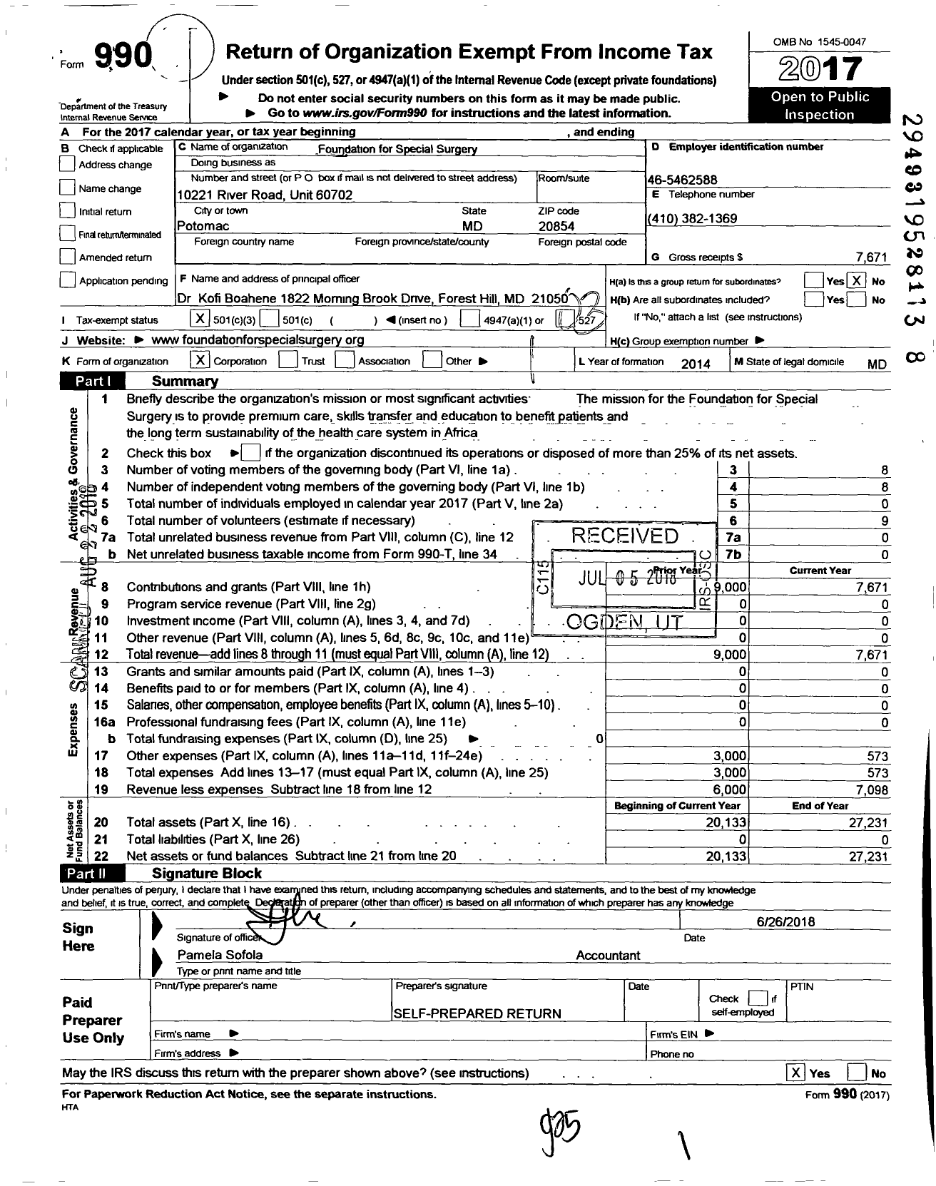 Image of first page of 2017 Form 990 for Foundation For Special Surgery