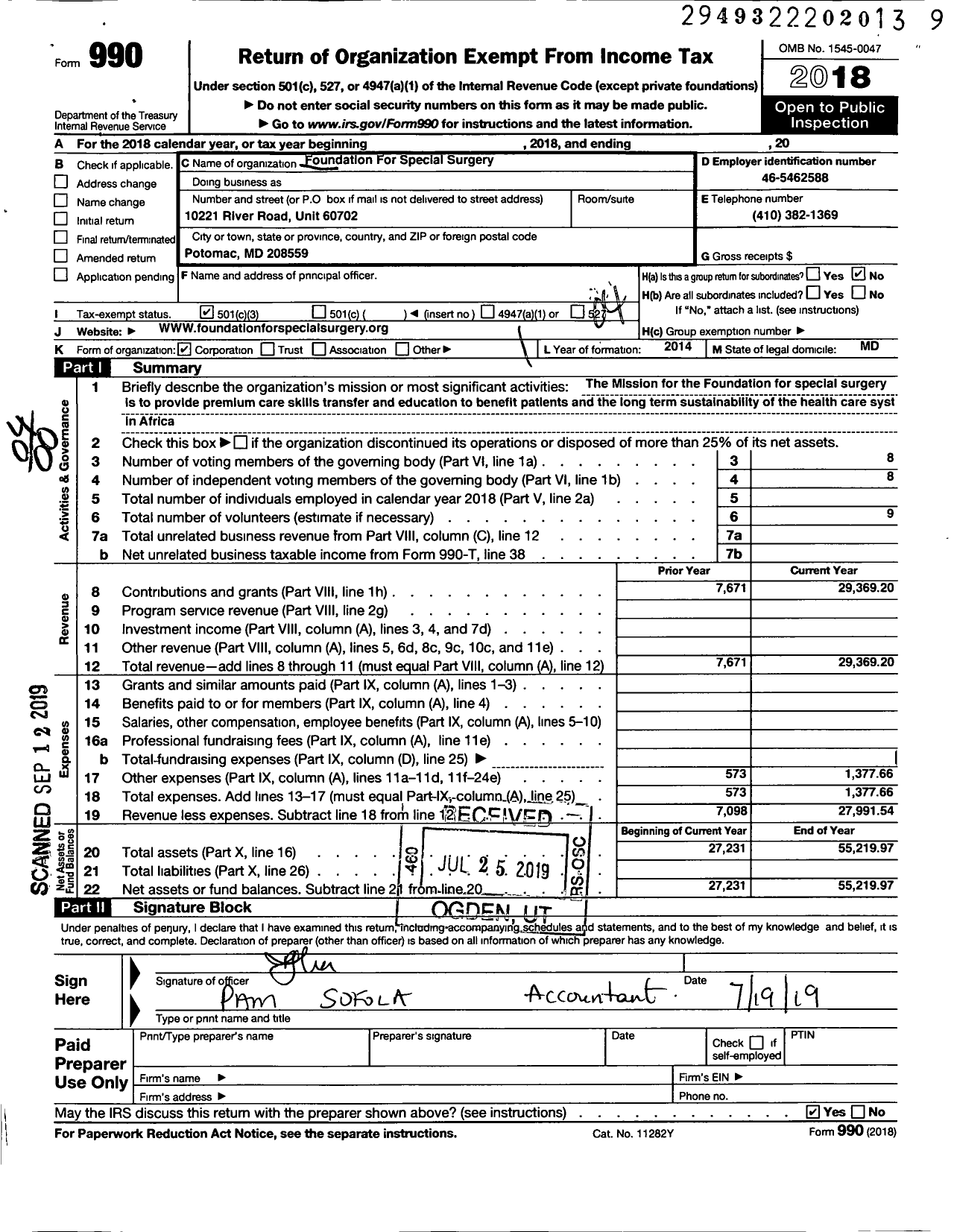 Image of first page of 2018 Form 990O for Foundation For Special Surgery
