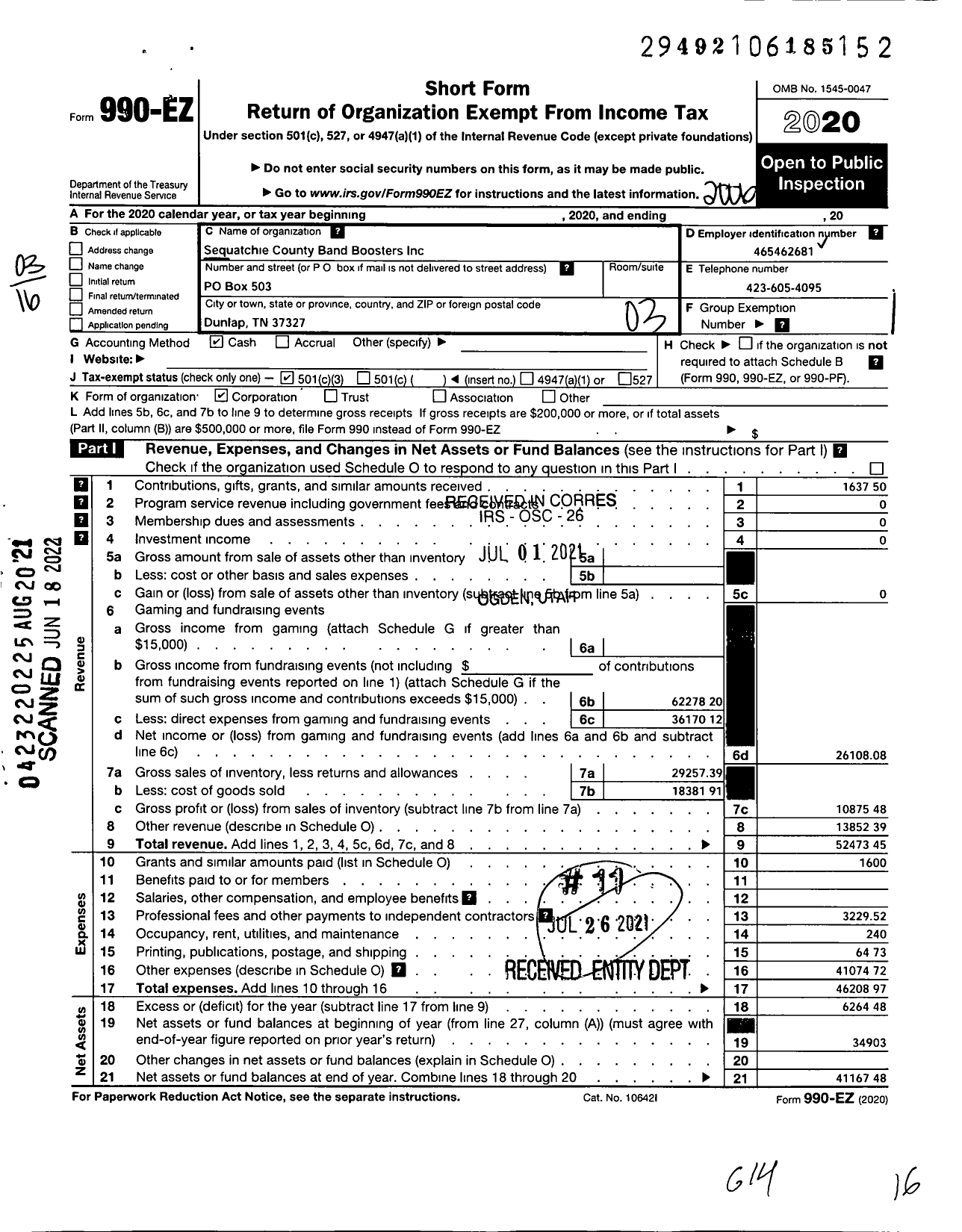 Image of first page of 2019 Form 990EZ for Sequatchie County Band Boosters