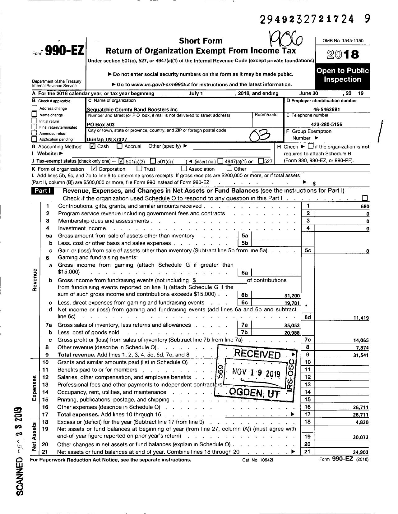 Image of first page of 2018 Form 990EZ for Sequatchie County Band Boosters