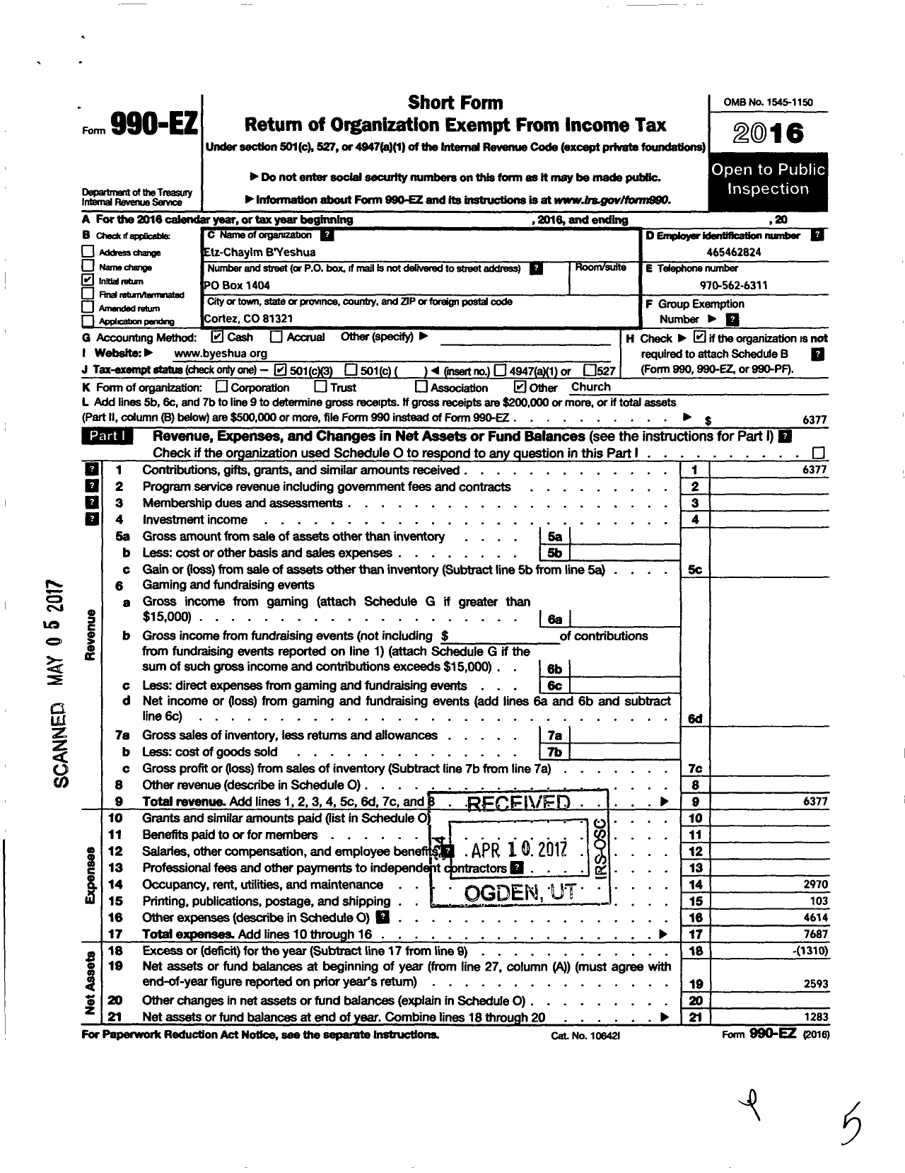 Image of first page of 2016 Form 990EZ for Etz Chaylm Byyeshua (ECBY)