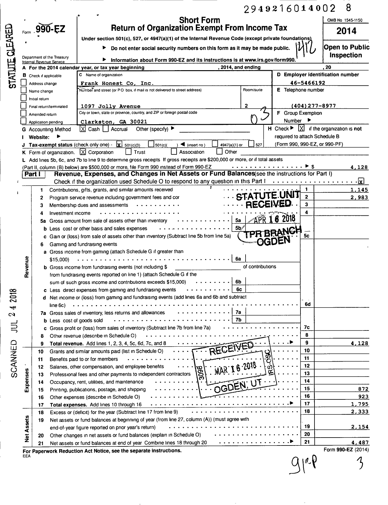 Image of first page of 2014 Form 990EZ for Frank Honest