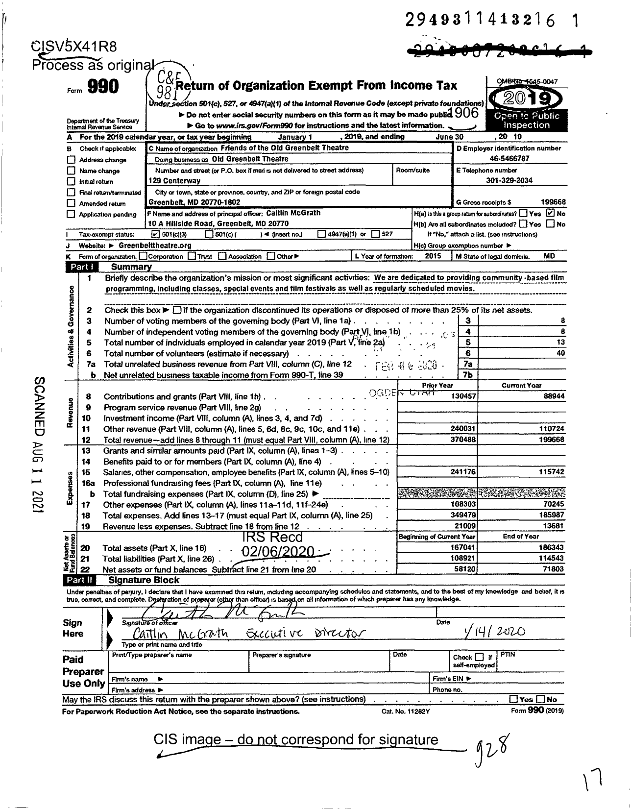 Image of first page of 2018 Form 990 for Friends of the Old Greenbelt Theatre