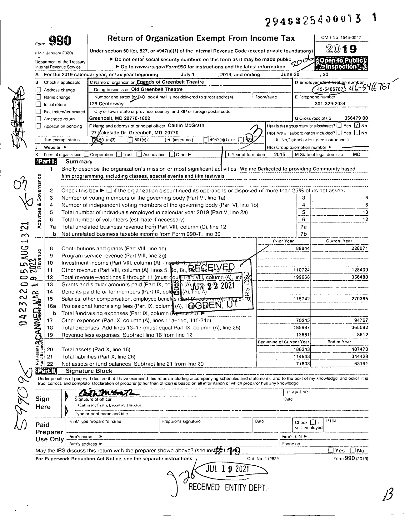 Image of first page of 2019 Form 990 for Friends of the Old Greenbelt Theatre