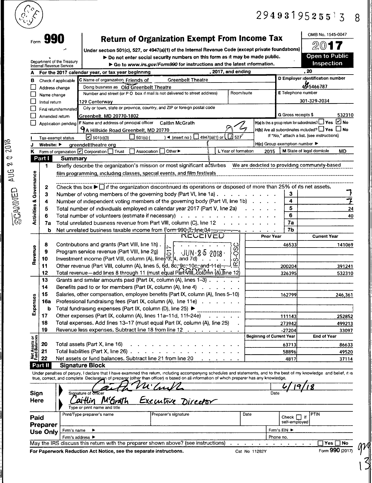 Image of first page of 2017 Form 990 for Friends of the Old Greenbelt Theatre