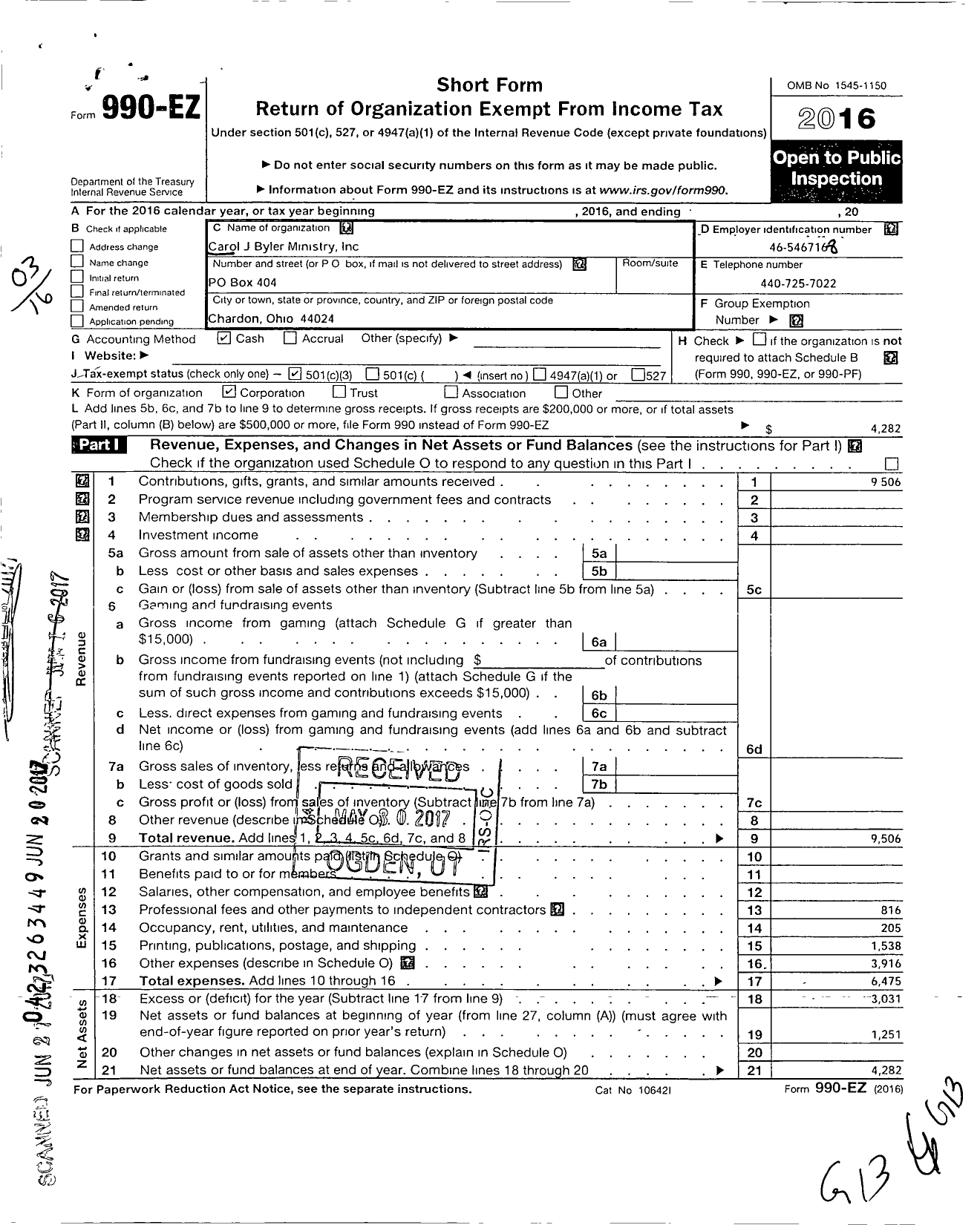 Image of first page of 2016 Form 990EZ for Carol J Byler Ministry