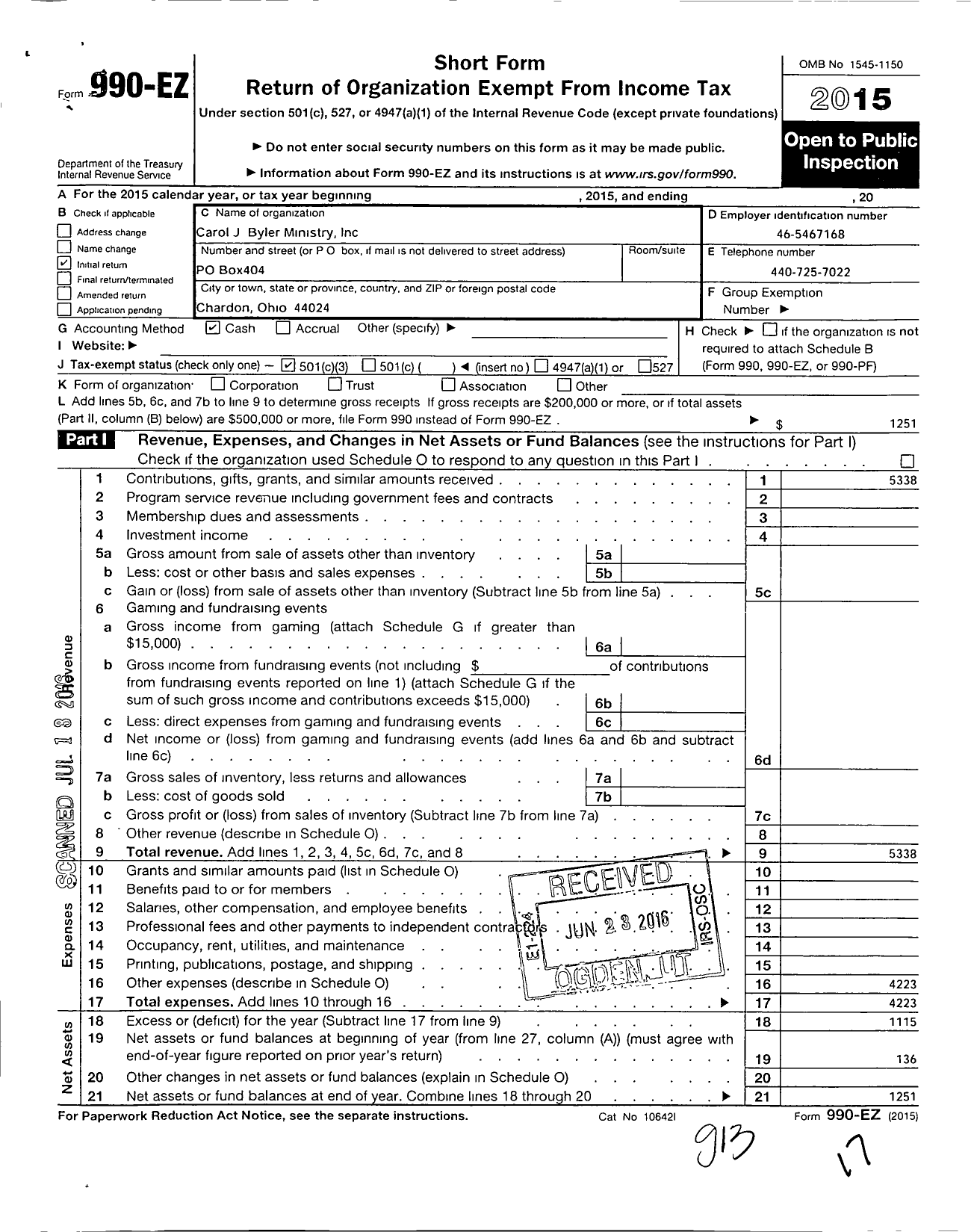 Image of first page of 2015 Form 990EZ for Carol J Byler Ministry